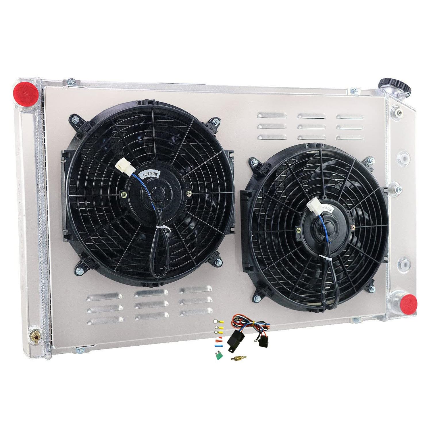 High Performance 4 Row Full Aluminum Radiator for 1971-1990 Chevy Chevelle Impala Caprice C/K 10 20 30 Pickup Truck & Skylark - Includes Shroud Fan & Relay Kits | Perfect for Engine Cooling & Restoration Projects