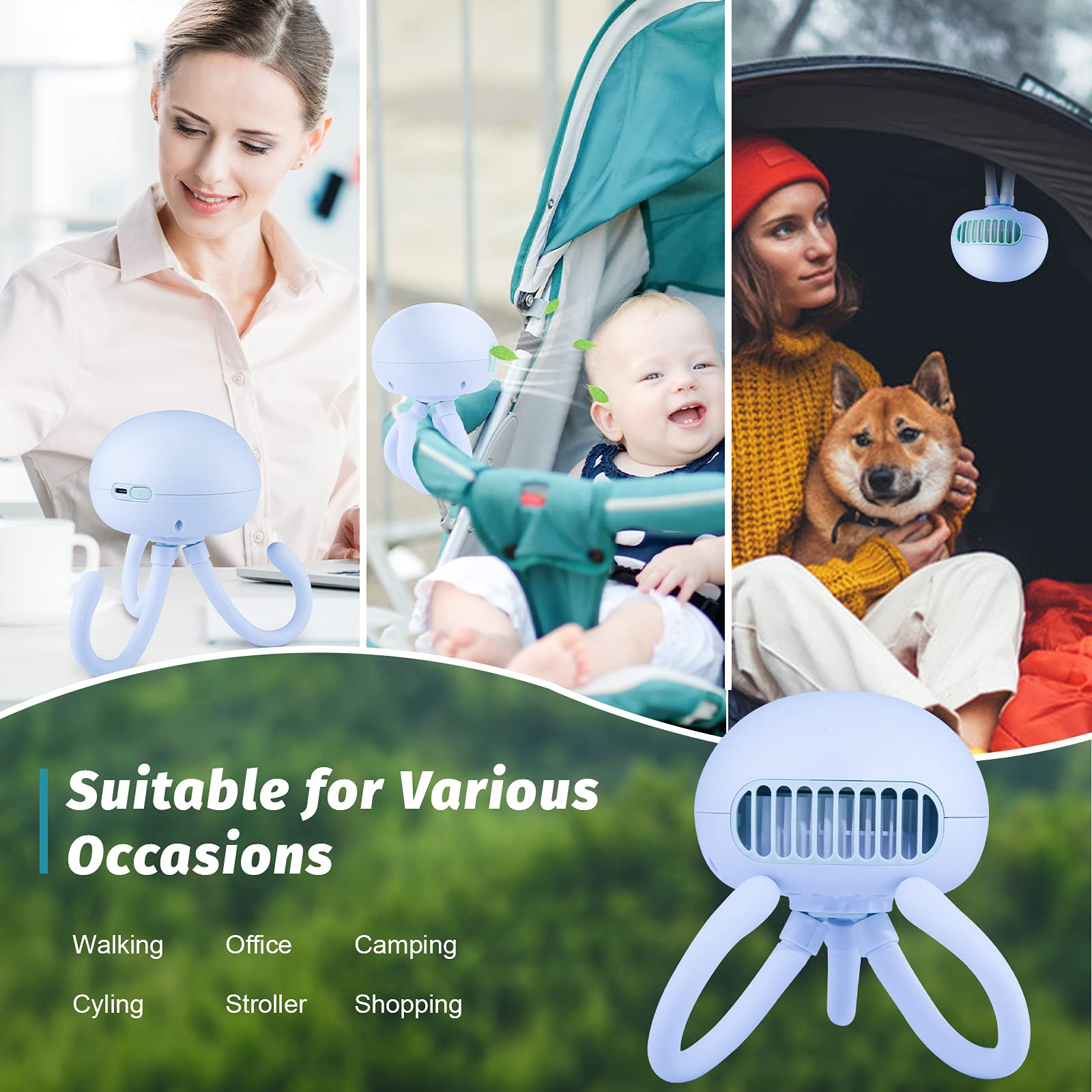 Portable Bladeless Mini Handheld Fan with Flexible Tripod - 3 Speed Rechargeable Clip on Fan for Stroller, Car Seat, Crib, Bike & Office | Perfect for Babies, Travel, Work & Outdoor Activities (Blue)