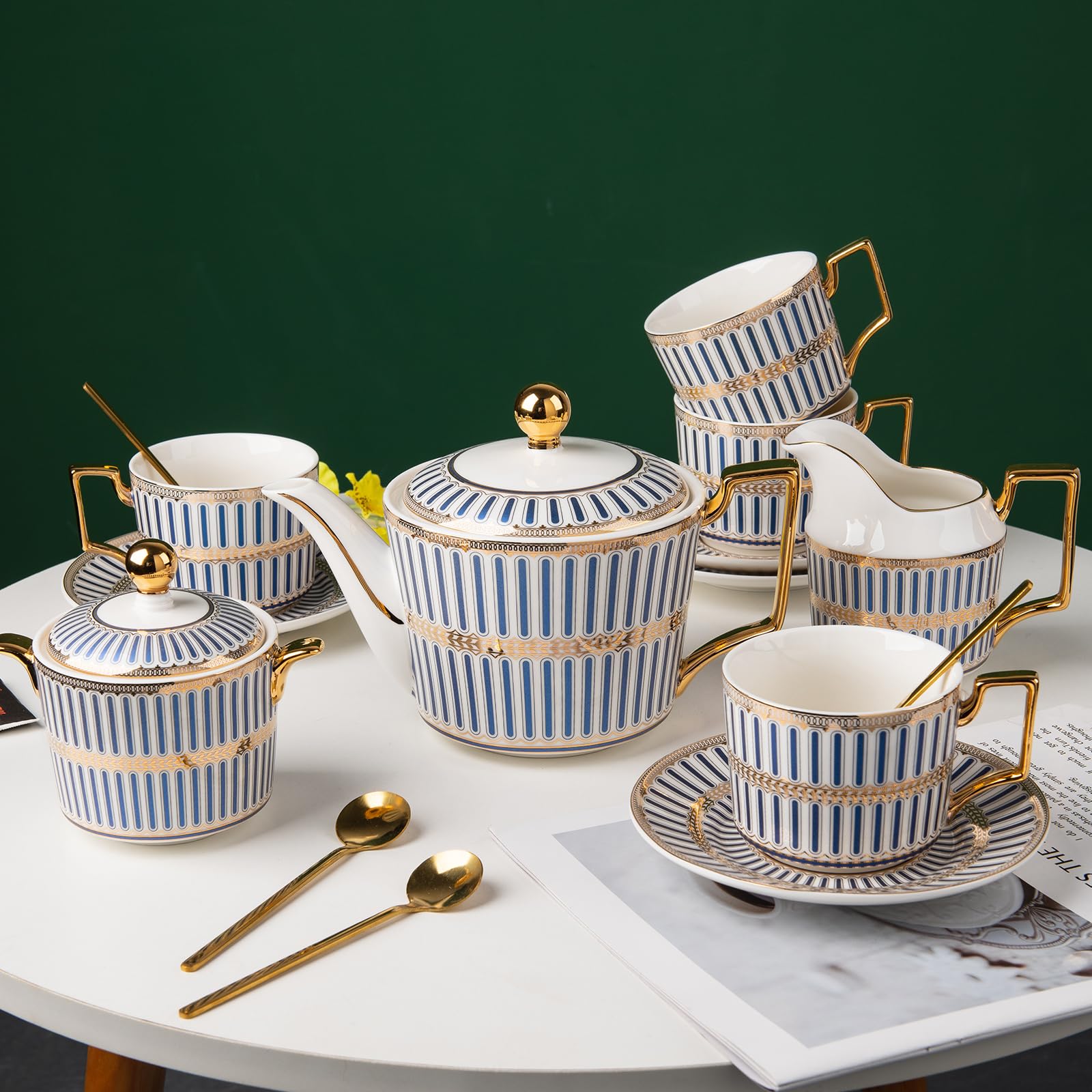 15-Piece Bone China Tea Set - Elegant Porcelain Tea Cups & Saucers for 4, Includes Teapot, Sugar Bowl, Cream Pitcher & Spoon - Perfect for Afternoon Tea Parties, Bridal Showers & Housewarming Gifts (Gift Box Included)