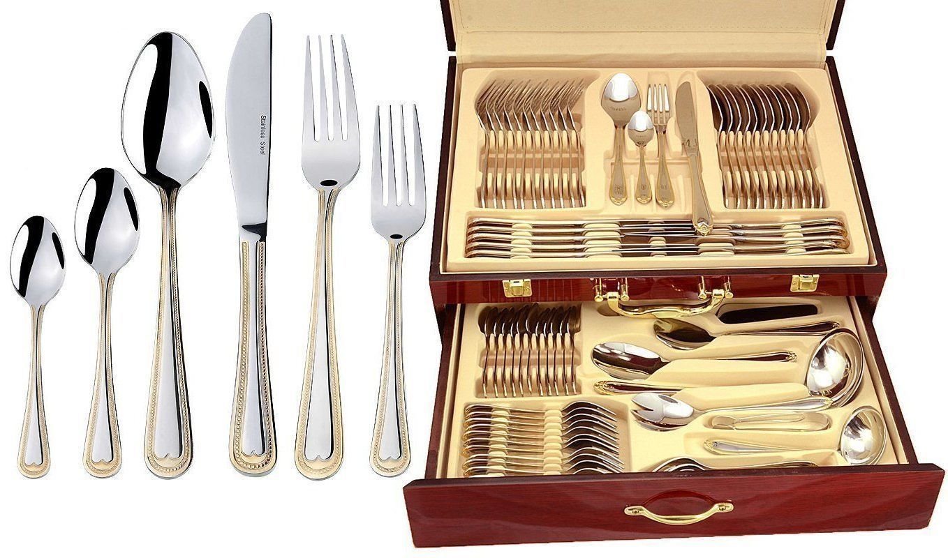 Verona 75-Piece Premium 18/10 Surgical Stainless Steel Flatware Set - Service for 12 with 24K Gold-Plated Hostess Serving Set in Wooden Gift Box | Italian Silverware Collection for Fine Dining, Weddings & Luxury Home Entertaining