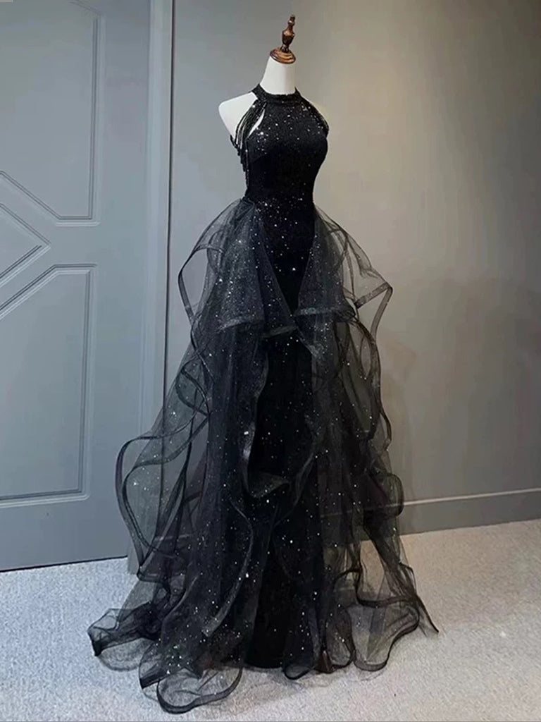 Elegant Black A-Line Tulle Sequin Long Prom Dress for Women - Perfect for Formal Dances, Evening Galas & Special Occasions