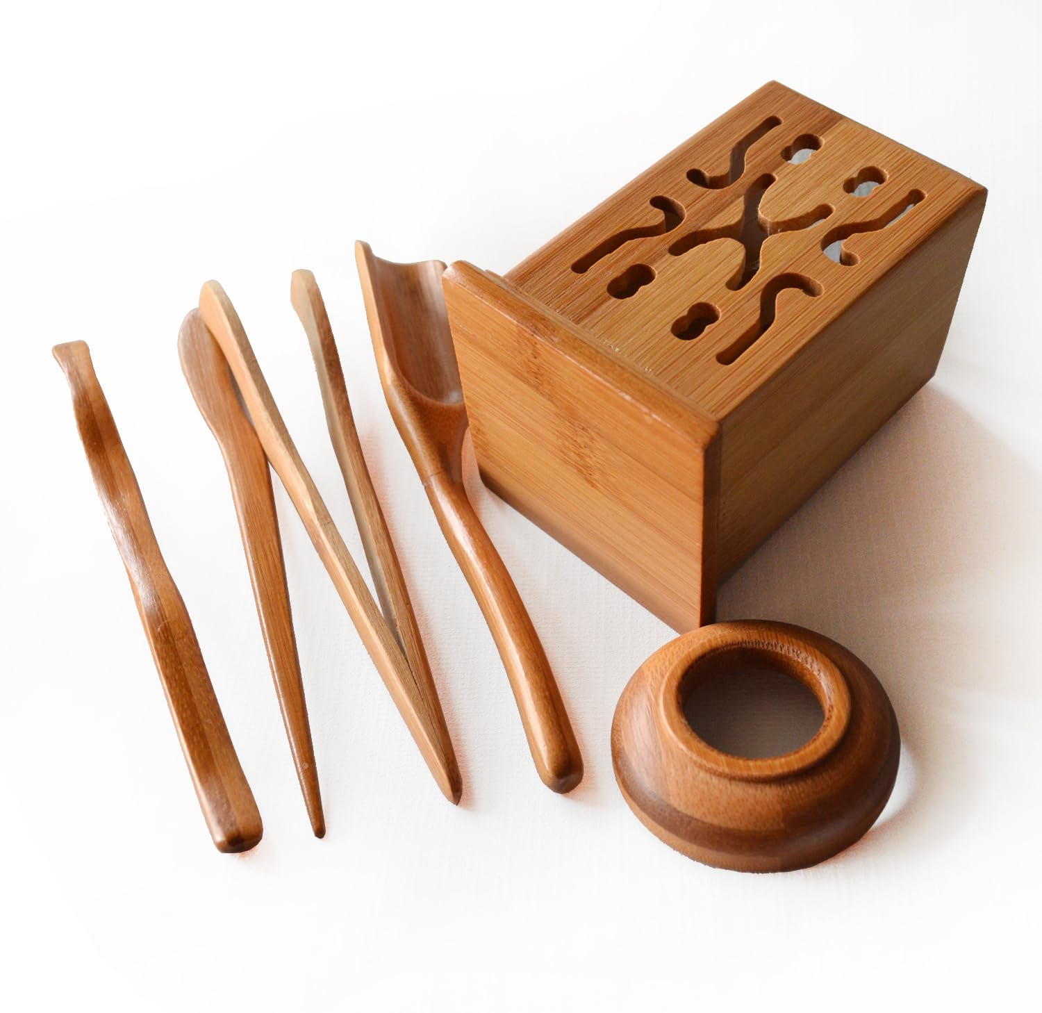 Premium Bamboo GongFu Tea Set - Tea Scoop, Tongs, Tea Needle & Funnel in Square Canister | Traditional Chinese Tea Ceremony Tools for Home & Office Tea Brewing