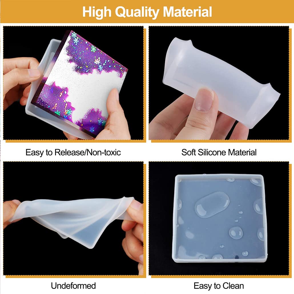 2Pcs Square Resin Coaster Molds with Holder & 4Pcs Fixed Plates - DIY Epoxy Cup Mat Silicone Molds for Crafting, Resin Art, Home Decor - Perfect for Coffee Tables, Dining Tables, and Gift Making