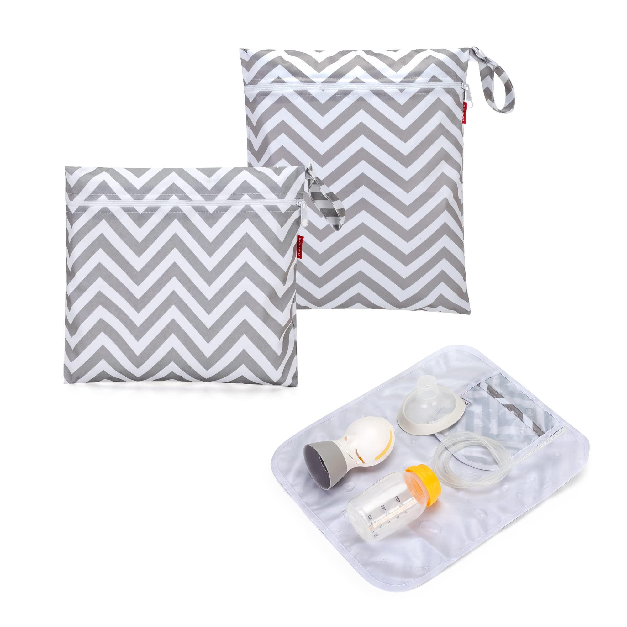 Damero Breast Pump Parts Bag - 2 Pack Waterproof Wet Bags for Breast Pump Accessories Storage with Non-Slip Mat, Gray Chevron Pattern | Perfect for Travel, Work & Hospital Use