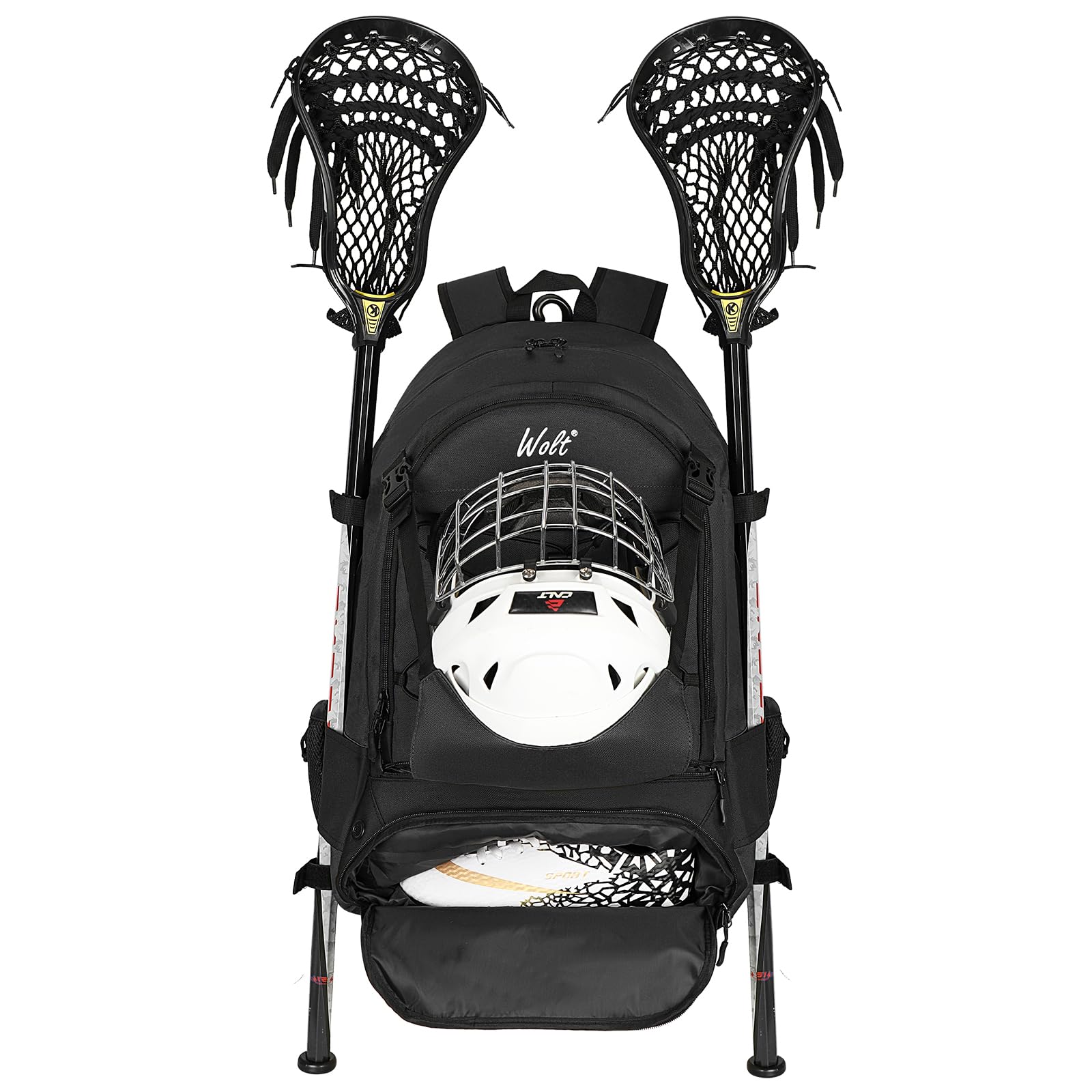 WOLT Lacrosse Backpack with Two Stick Holders - Large Durable Sports Bag for Lacrosse, Field Hockey & All Athletic Gear - Perfect for Games, Practice & Travel