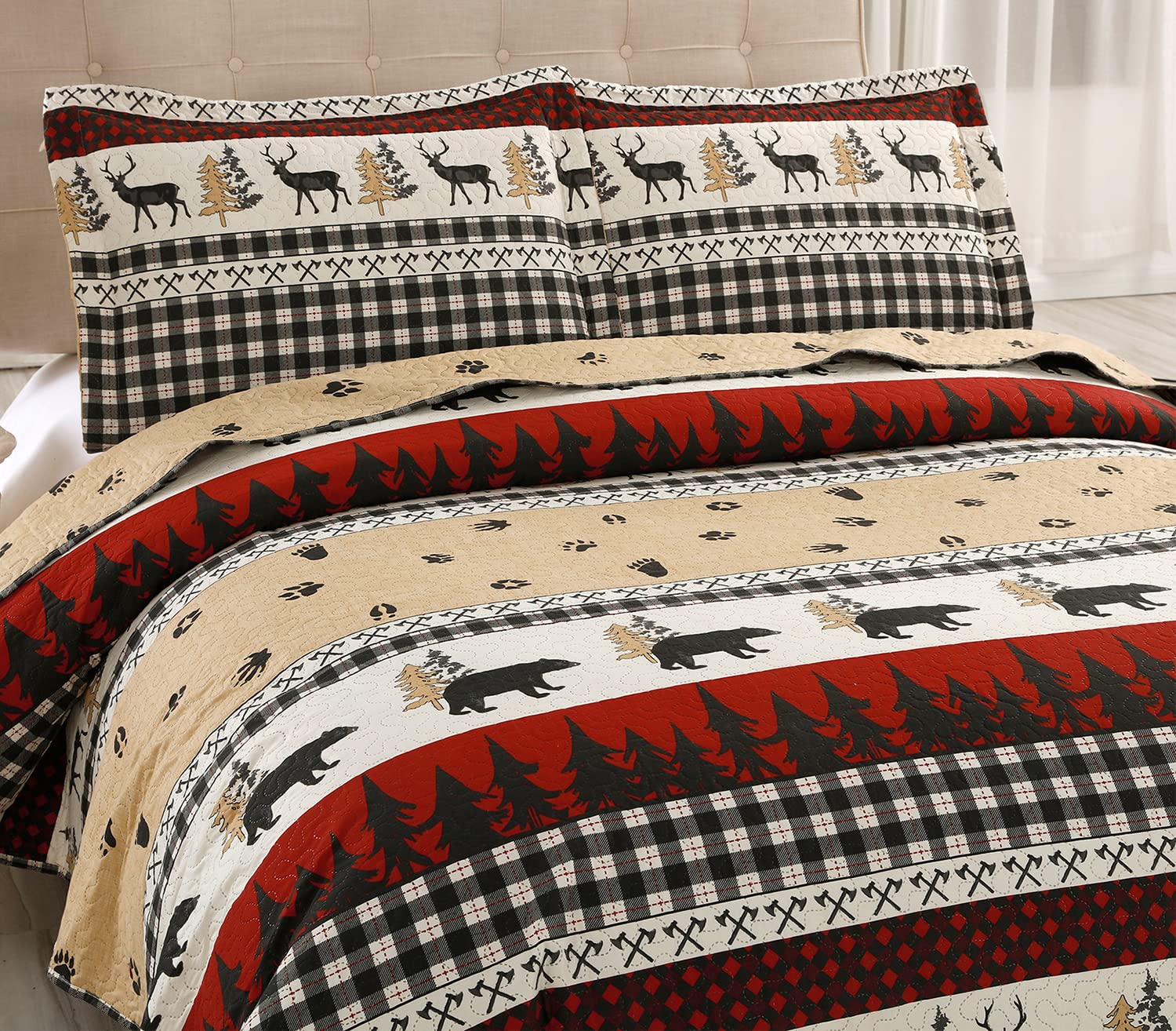 **Rustic Reversible Quilt Set Queen/Full Size - Buffalo Plaid Black & White Bedspread, Lightweight Coverlet with Moose & Bear Design - Perfect for Cabin, Lodge, or Farmhouse Bedroom Decor**