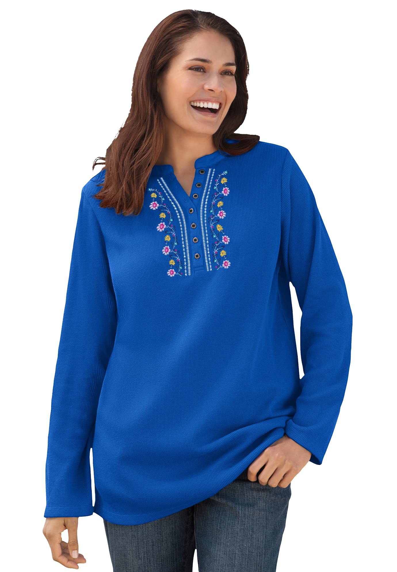 Woman Within Women's Plus Size Embroidered Thermal Waffle Henley Long Sleeve Shirt - Warm Winter Layering Top for Cold Weather & Outdoor Activities