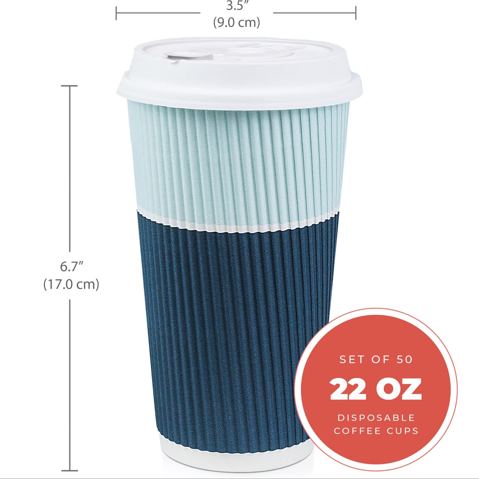 22 oz Disposable Coffee Cups with Lids - Insulated Travel To-Go Paper Cups for Hot & Cold Beverages, No Sleeve Needed (50 Pack, Ocean Blue) - Perfect for Coffee Shops, Office Break Rooms, and On-the-Go Travelers
