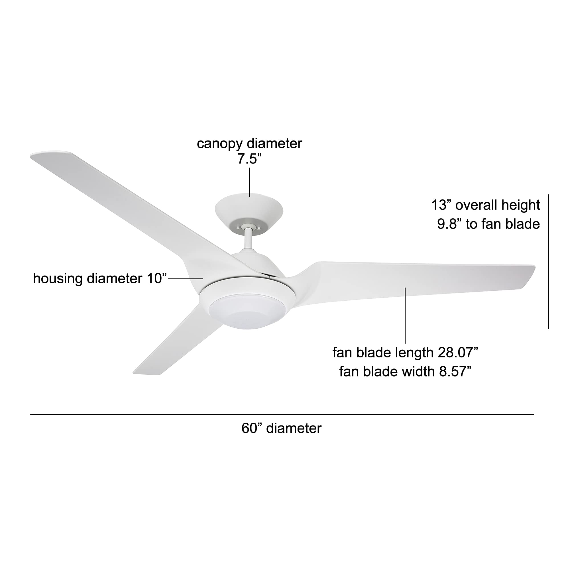 60 Inch Large Ceiling Fan with Light and Wall Control - Dimmable LED Fixture, 6 Speed DC Motor - Modern 3 Blade Design for Bedroom, Living Room - Includes Downrod for Overhead Hanging, White - Perfect for Home Cooling and Energy Savings