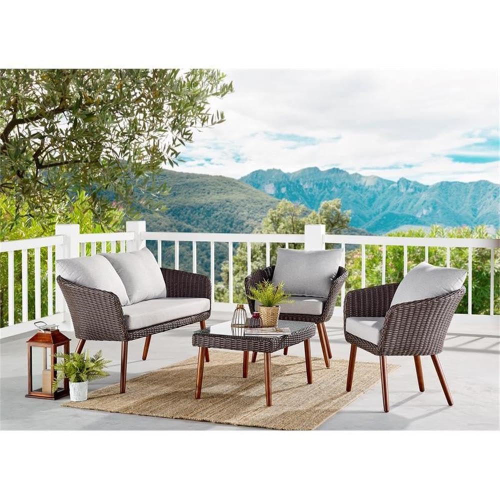 **Athens All-Weather Wicker 2-Seat Outdoor Patio Furniture Set with Removable Cushions - Modern Weatherproof Armchair & Bench with Wood Legs - Perfect for Patio, Porch, Garden, or Poolside Relaxation**