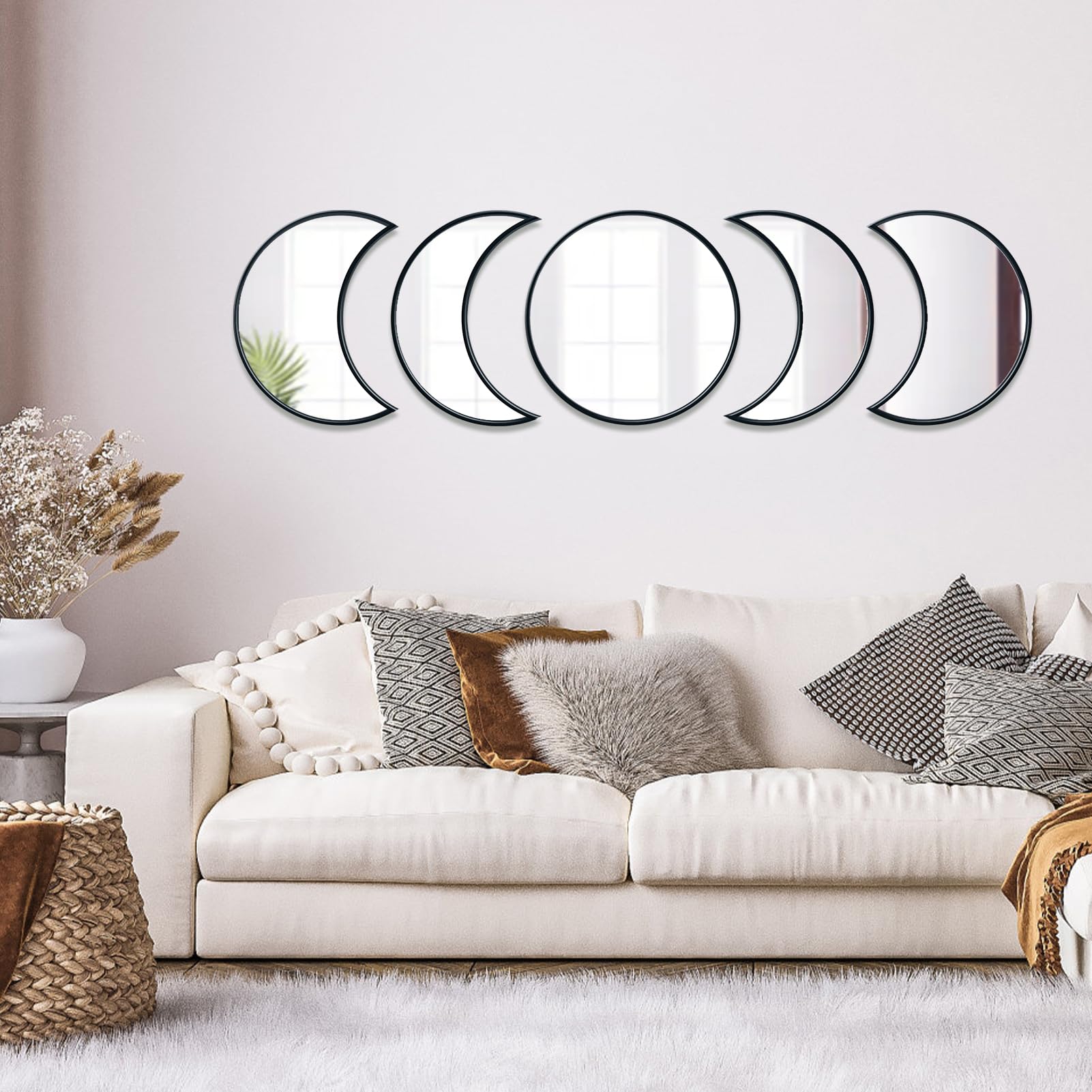 5 PCS Crescent Moon Mirror - 100% Real Glass Boho Decor for Bedroom, Living Room & Apartment - Celestial Wall Art for Aesthetic Home Decor - Perfect for Nursery, Yoga Studio & Meditation Space (Black)
