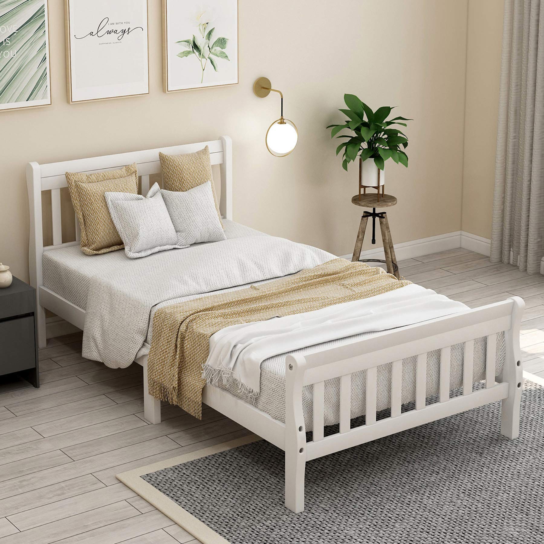 Merax White Wood Platform Twin Bed Frame with Headboard & Footboard - Sturdy Wood Slat Support for Mattress Foundation - Perfect for Kids' Room, Guest Bedroom & Small Spaces