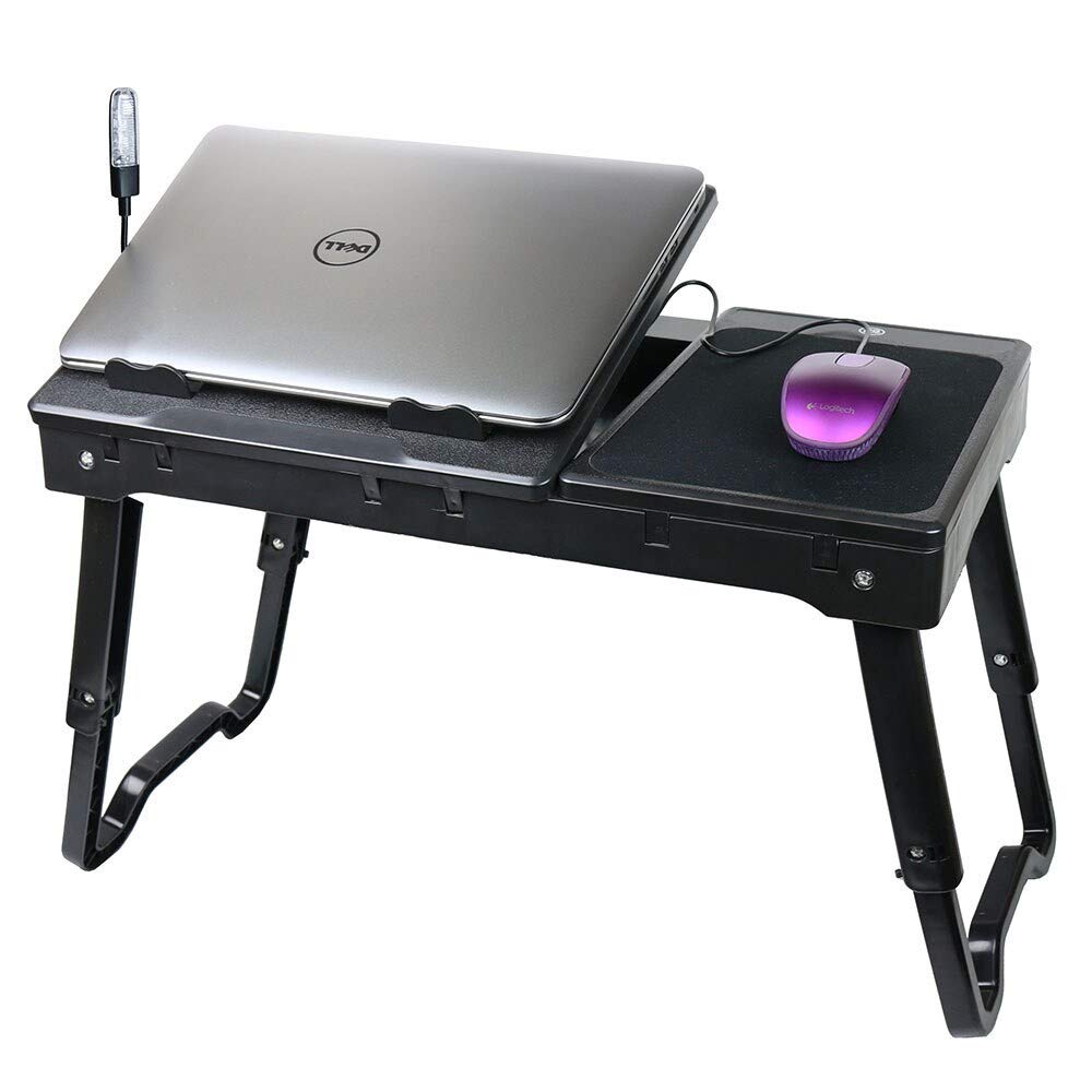 Multi-Functional Laptop Table Stand with Cooling Fan & LED Light - Adjustable Ergonomic Design for Bed, Couch, Office & Home Use - Black