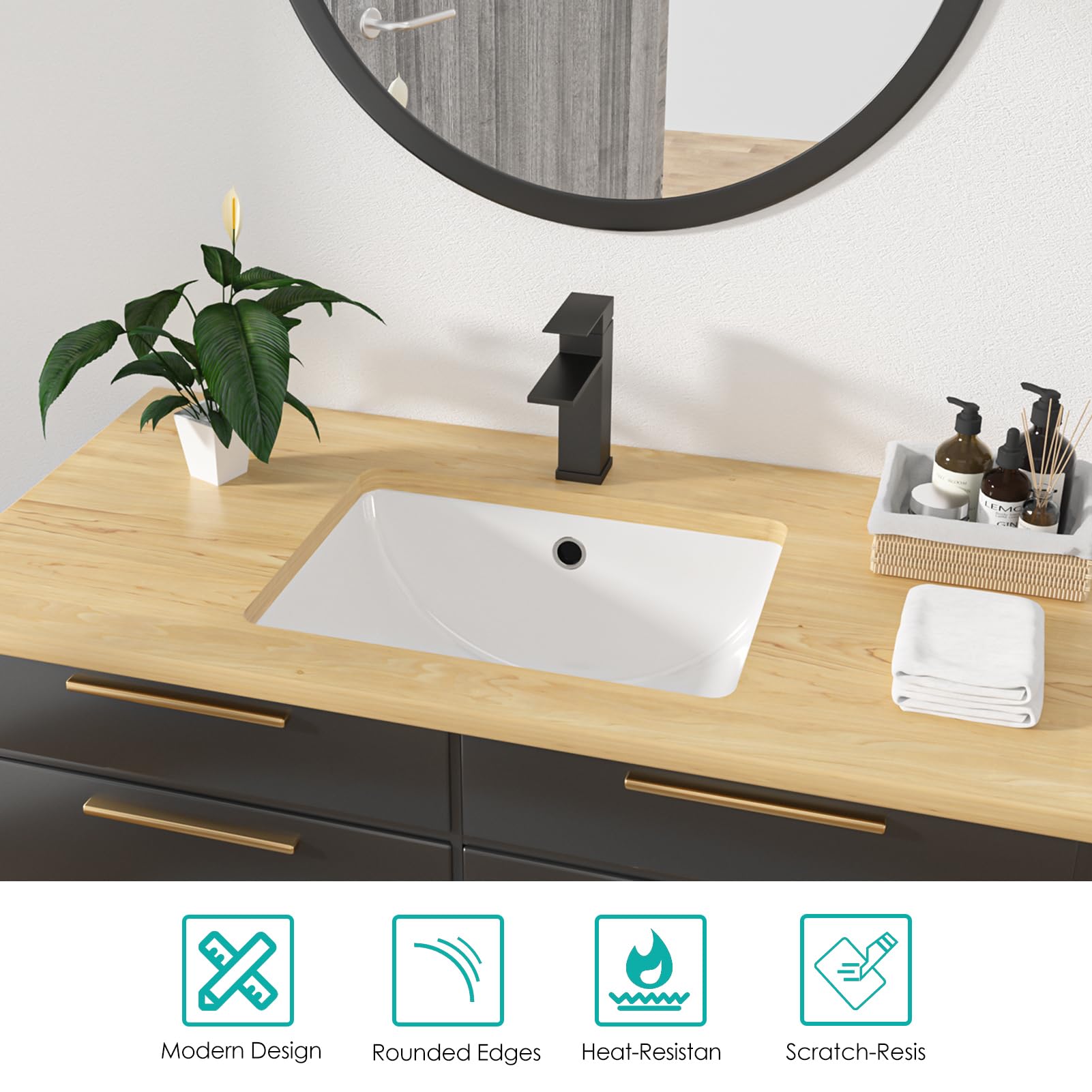 Kichae 18x14 Inch Modern White Rectangular Undermount Bathroom Sink - Porcelain Ceramic Vanity Lavatory with Overflow for Contemporary Home & Commercial Use