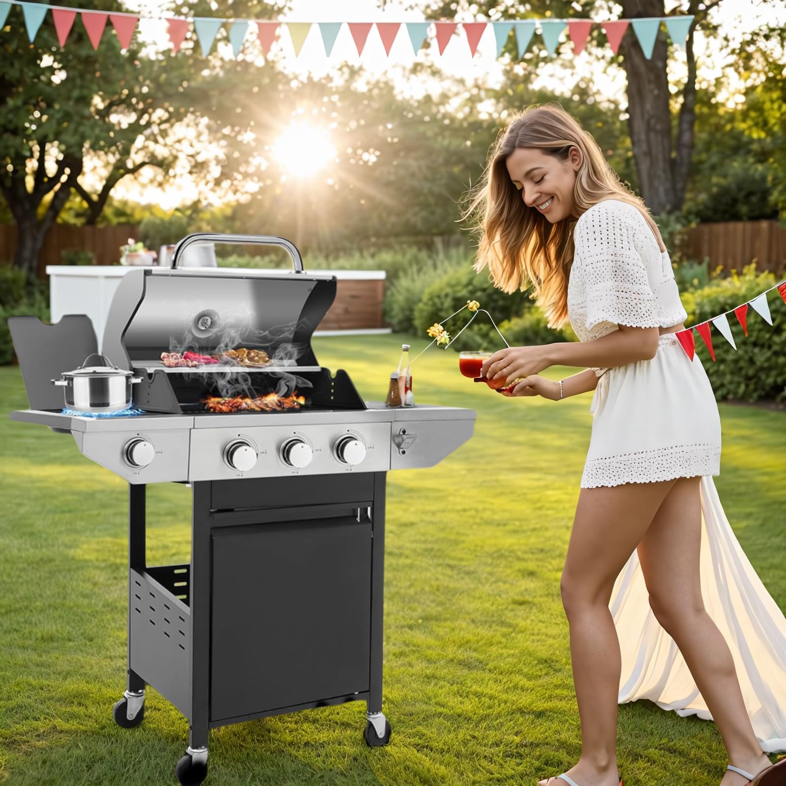 4 Burner Outdoor Propane Gas Grill with Side Burner & Built-in Thermometer - Stainless Steel BBQ Grill with Wheels for Backyard, Patio, Camping & Tailgating - Perfect for Family Gatherings, Outdoor Cooking & Grilling Parties