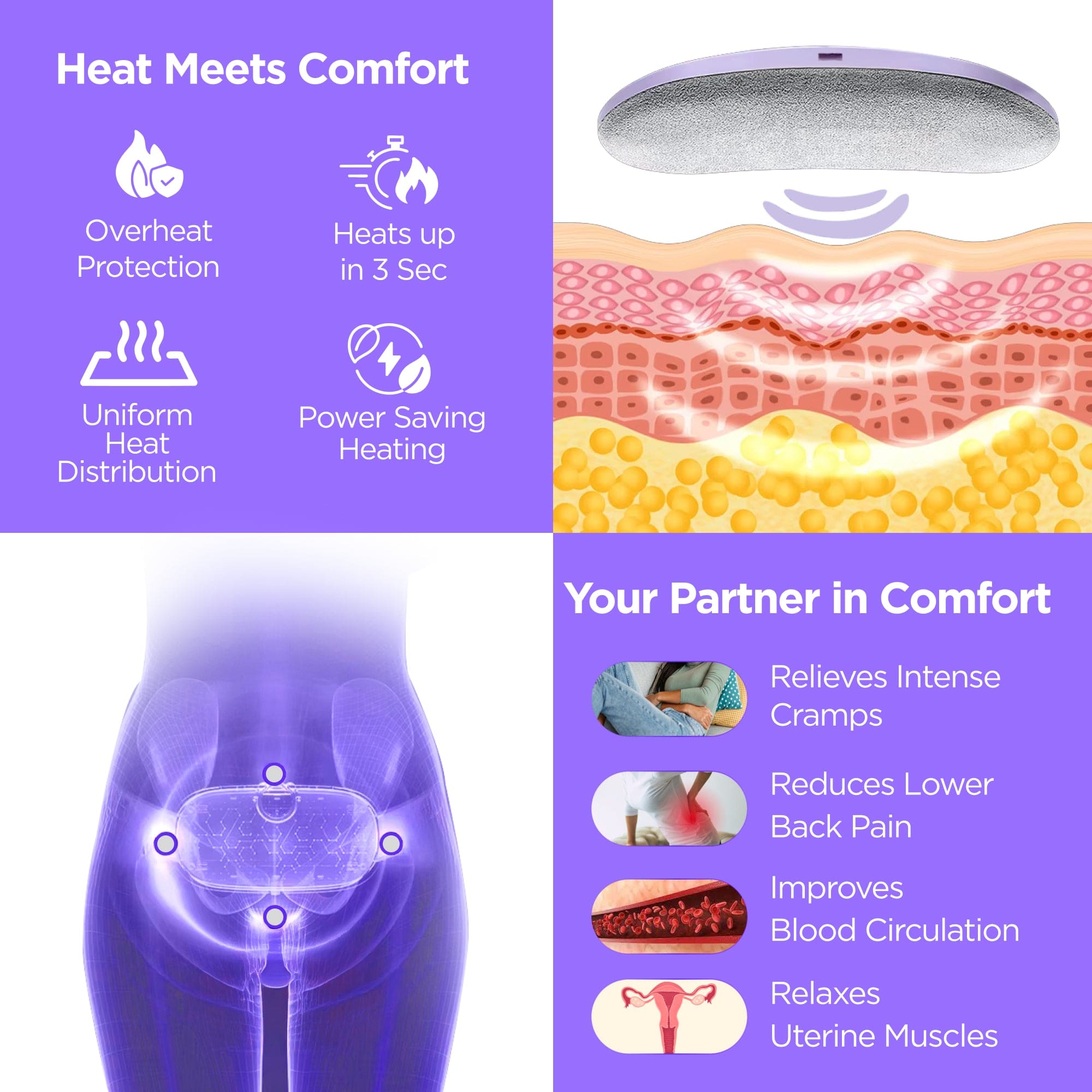 Dr Trust Electric Heating Pad for Women - 3 Temperature & 3 Massage Modes, Portable Cordless Period Pain Relief Belt for Menstrual Cramps, Belly, Back and Stomach Pain - Perfect for Home, Office & Travel Use