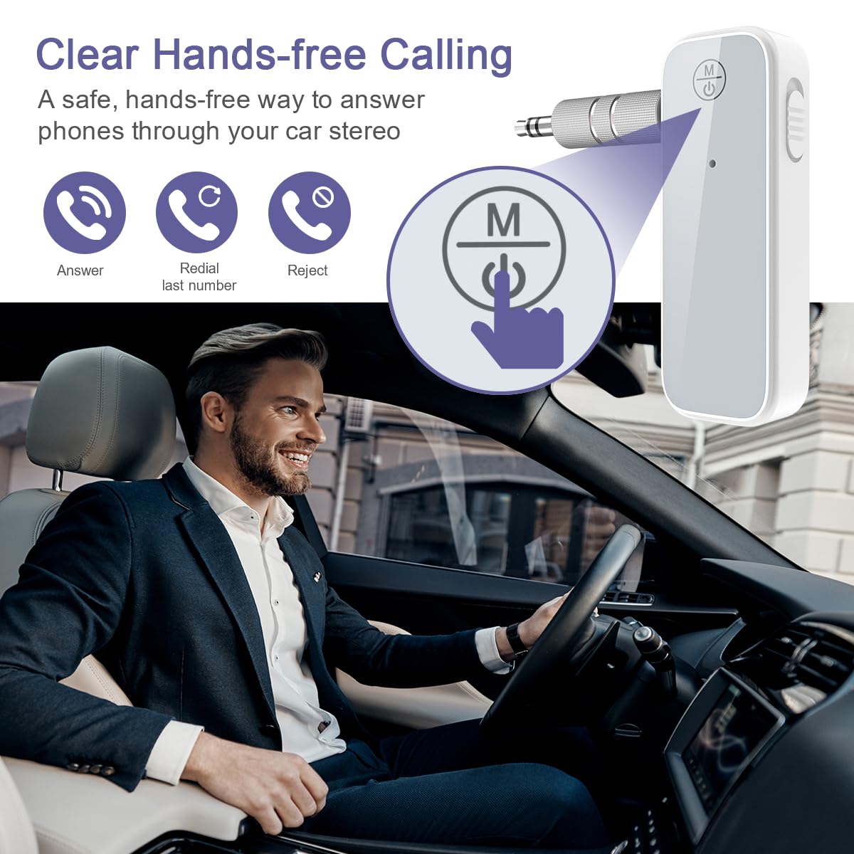 2-in-1 Bluetooth 5.0 Car Adapter with AUX - Wireless Transmitter & Receiver for Hands-Free Calls & Music Streaming | Noise Cancelling 3.5mm Aux Bluetooth Car Kit for Home Stereo, Headphones, Car Audio System | Easy Connect & Compact Design (White) - Perfect for Commuting, Road Trips & Home Entertainment