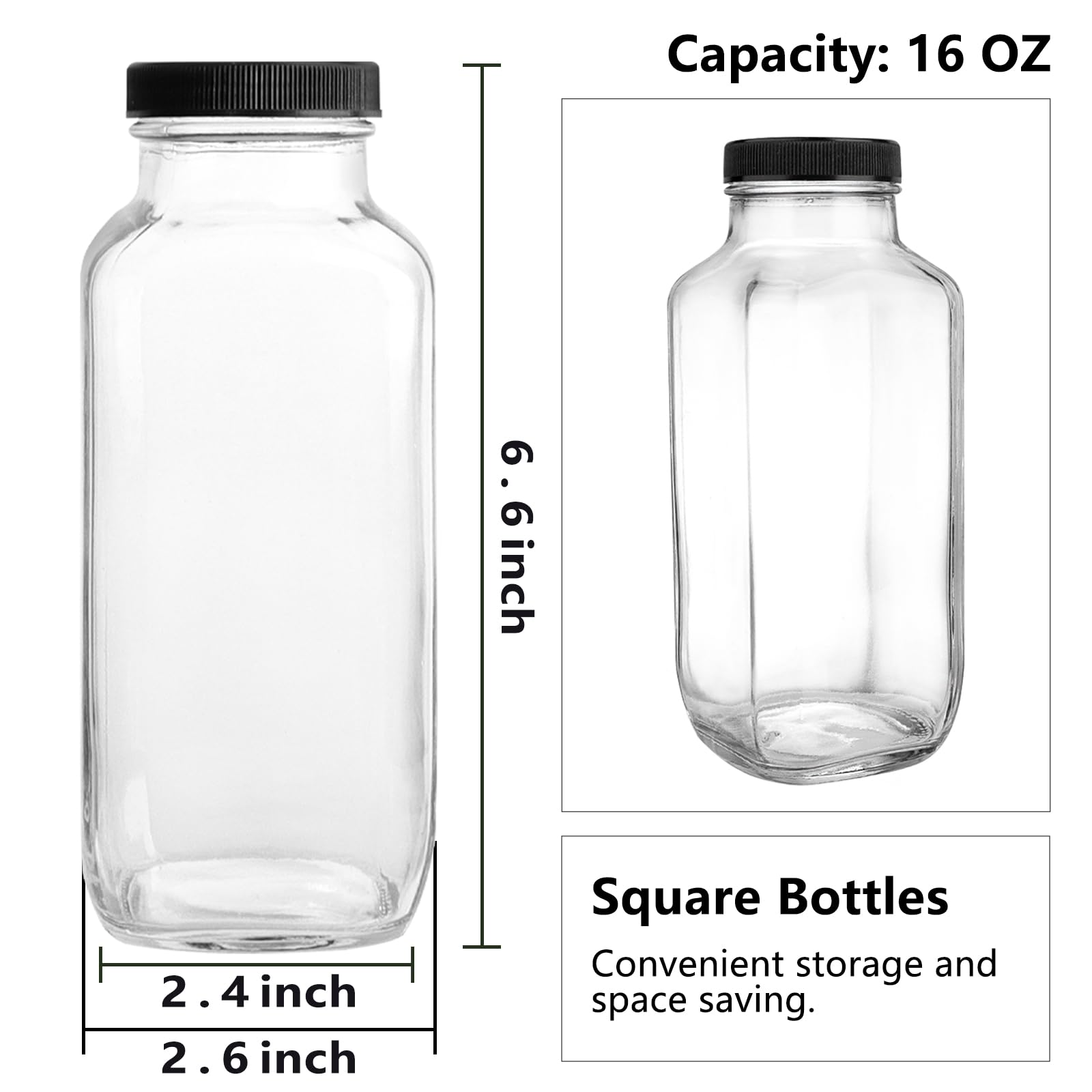 12 Pack 16oz Vintage Square Glass Drink Bottles with Lids - Reusable Juice & Beverage Containers for Milk, Kombucha, Smoothies - Perfect for Home, Office, Picnics & Meal Prep