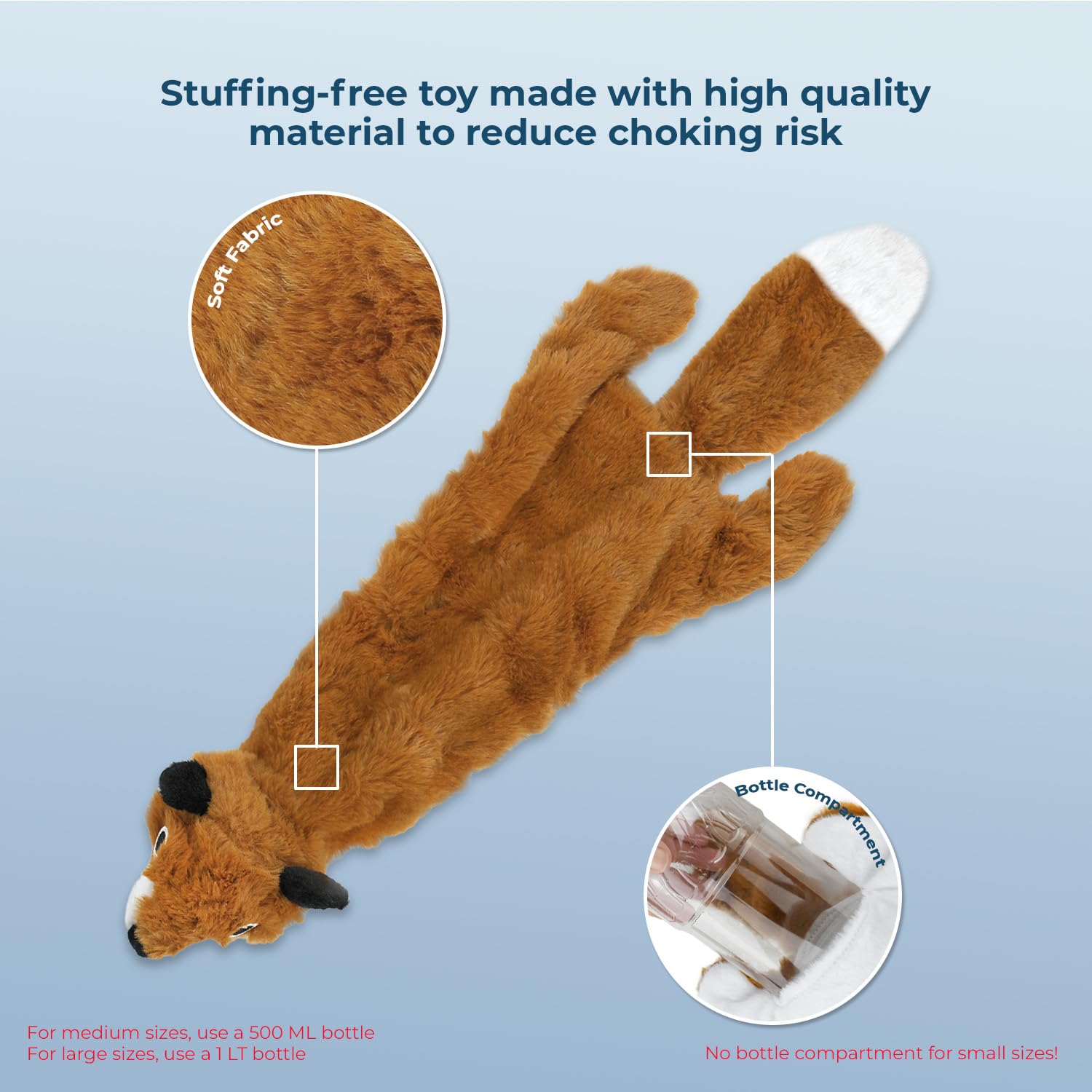 2-in-1 Squeaky Dog Toy for All Pets - No Stuffing, Durable & Soft - Indoor Play & Bottle Holder (Fox, Large)