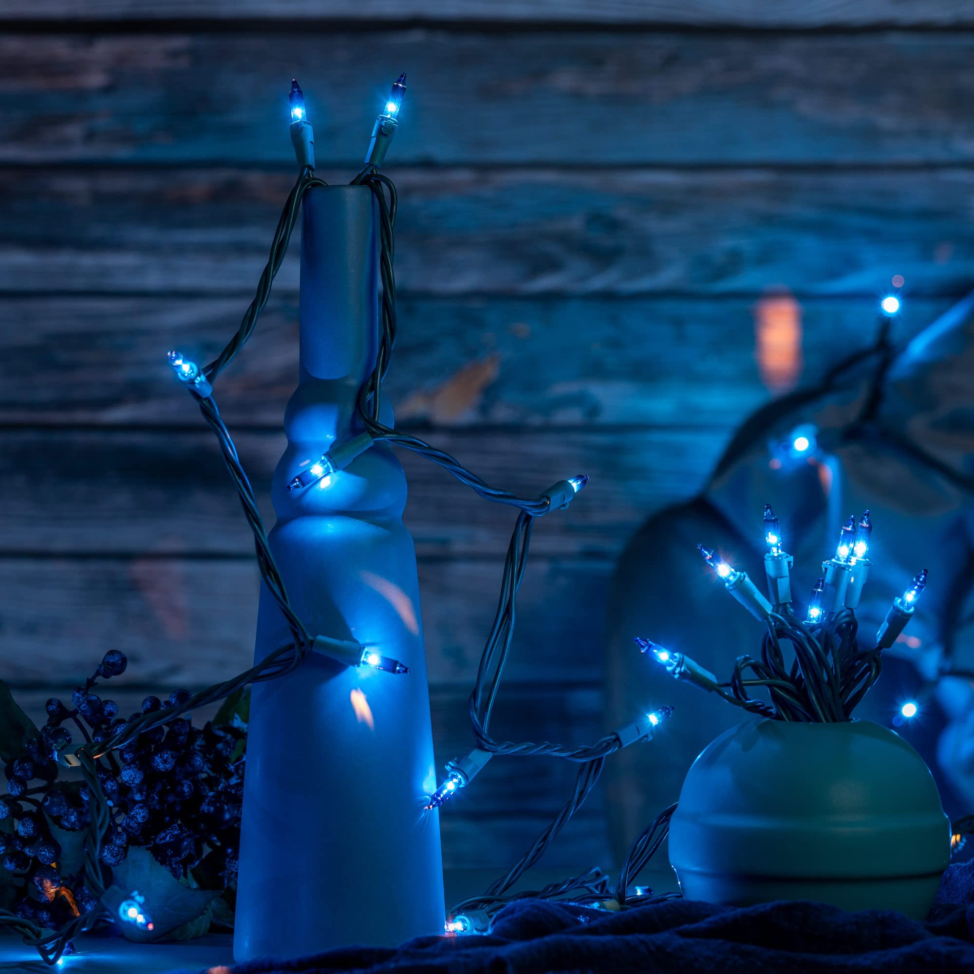 YULETIME 200 Blue Christmas Lights - 2 Pack of 33ft UL Certified Incandescent String Lights (100 Count, Blue-Green Wire) for Indoor/Outdoor Holiday Decorations, Tree Trimming & Party Lighting