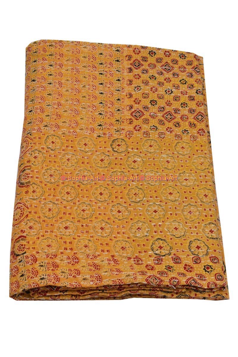 Sophia Art Queen Size Hand Block Print Kantha Quilt 90x108 Inch - Ajrakh Bedspread with Vegetable Dye | Indigo Print Cotton Blanket (Yellow Patch) for Bedroom Decor, Boho Chic Home, Guest Room & Cozy Throw