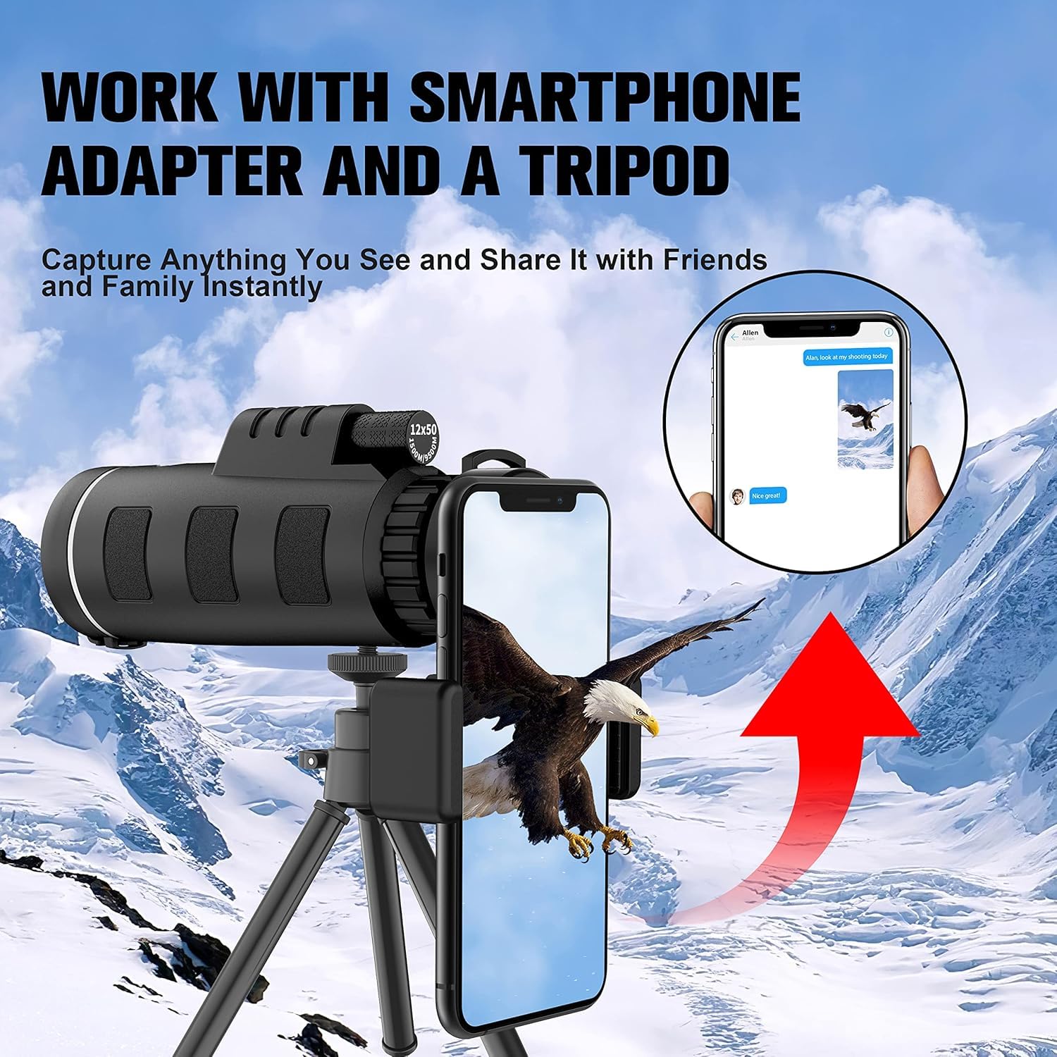 40x60 High Power Monocular Telescope with Smartphone Adapter - Compact & Lightweight for Low Light Viewing - Perfect for Wildlife Observation, Hunting, Camping, Travel & Outdoor Adventures - Ideal for Bird Watching, Hiking, Concerts and Sporting Events