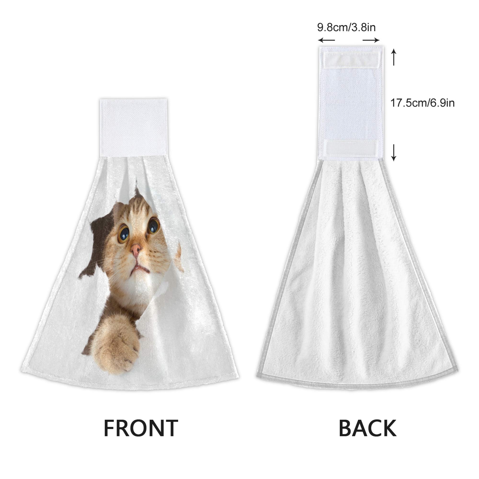 Cute Red Kitten Cat Pattern Kitchen Hand Towels with Hook & Loop - Set of 2 Absorbent Hanging Towels for Bathroom & Kitchen - Perfect for Dish Drying, Hand Wiping & Home Decor