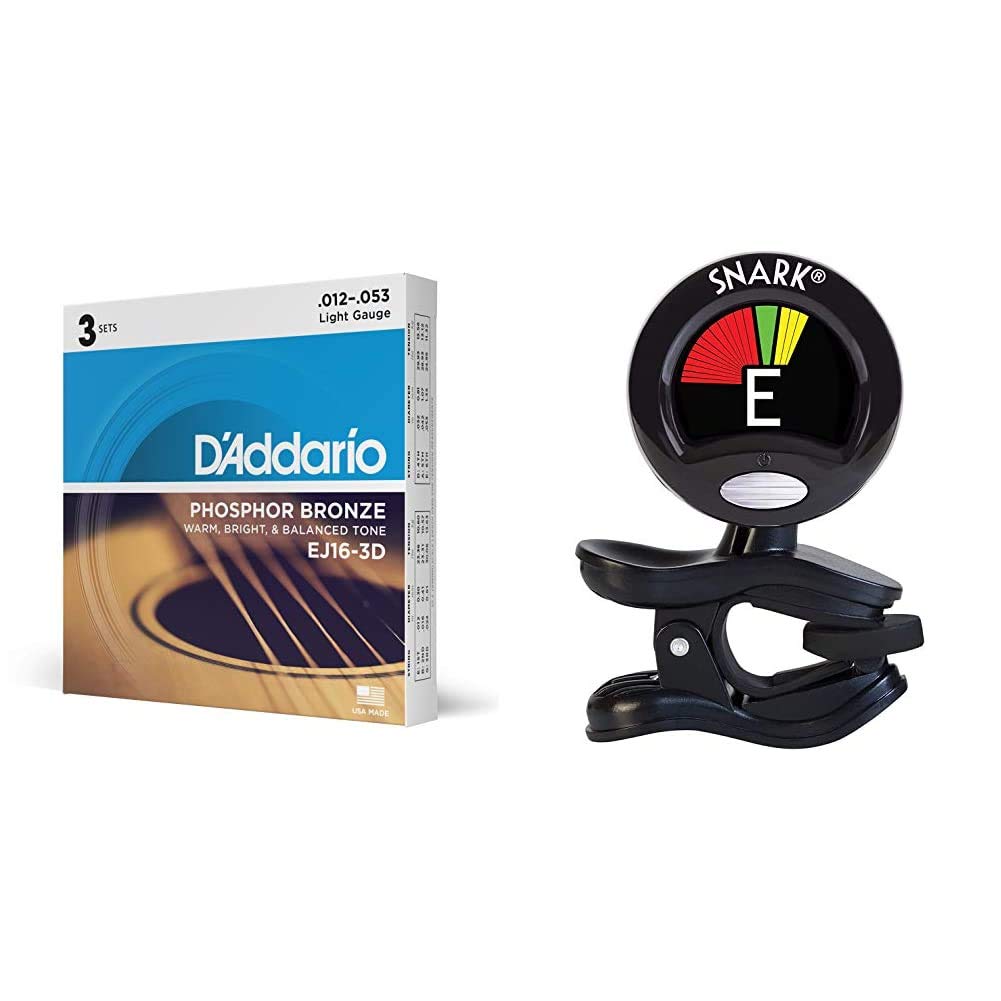 D'Addario EJ16-3D Phosphor Bronze Acoustic Guitar Strings (Light Tension, 3-Pack) & Snark SN5X Clip-On Tuner for Guitar, Bass, Violin - Perfect for Live Performances, Studio Recording & Practice Sessions