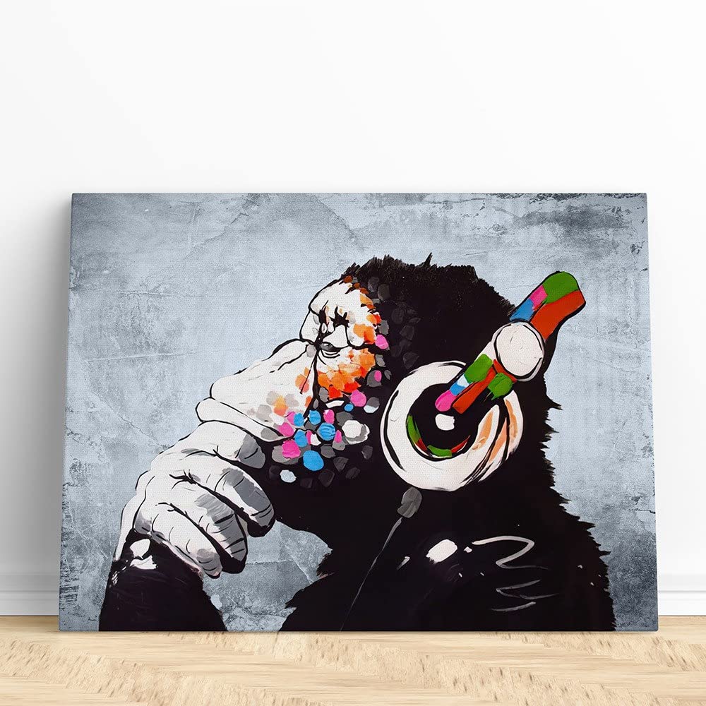 DJ Monkey Wall Art - Colorful Monkey Listening to Music Canvas Print 16x24 inches (40x60 cm) - Modern Animal Wall Decor for Living Room, Bedroom & Office