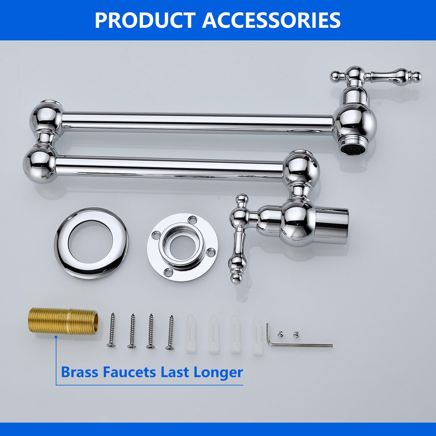 Wall Mounted Brass Pot Filler Faucet - Folding Stretchable Swing Arm with Dual Handles for Kitchen & Restaurant (Chrome Finish) | Perfect for Filling Large Pots, Stockpots & Cooking Vessels