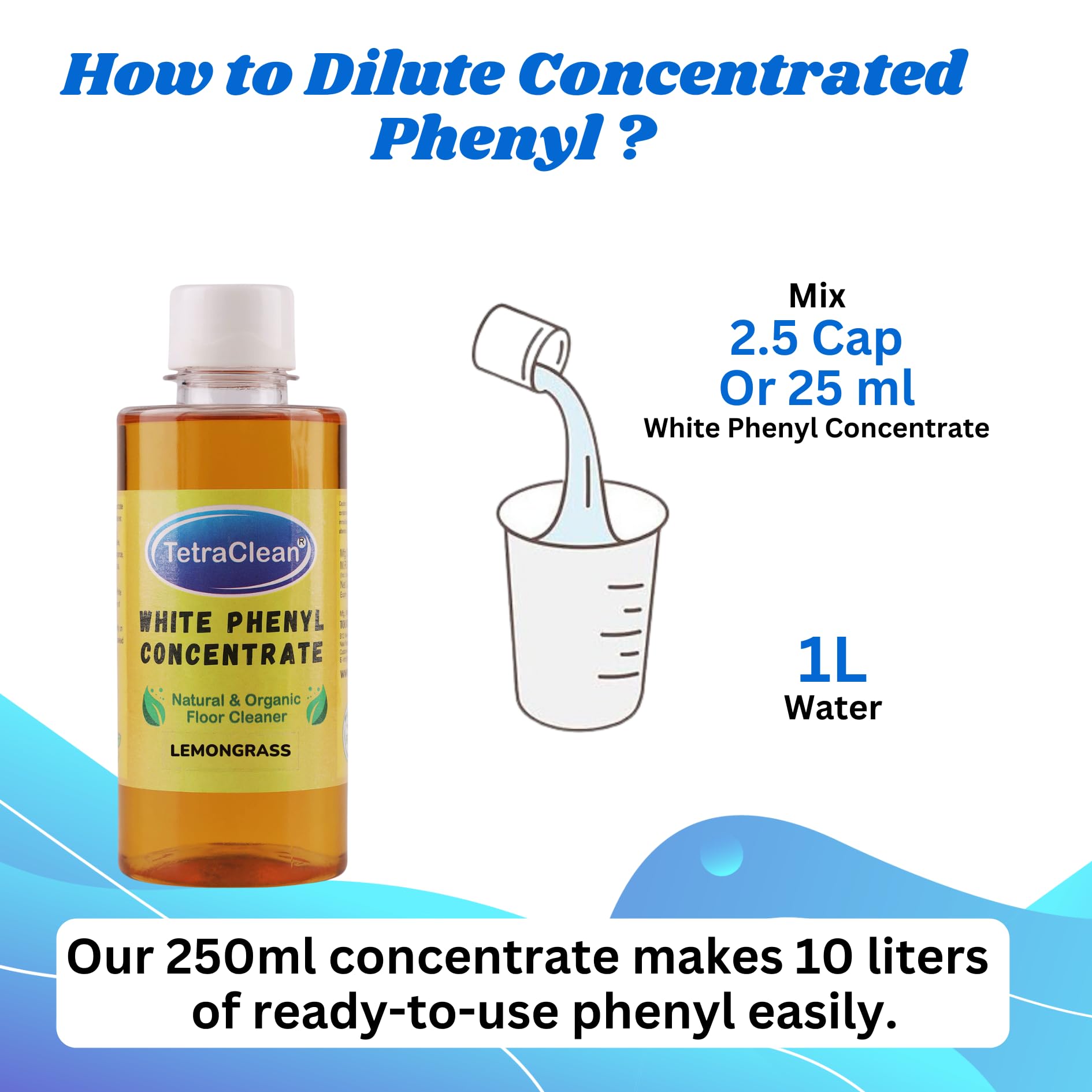 **TetraClean Lemongrass White Phenyl Concentrate 250ml | Natural & Organic Floor Cleaner with Fragrance Oil | Makes 8-10 Liters of Disinfectant | Surface Cleaner & Stain Remover | Ideal for Homes, Offices & Hospitals**