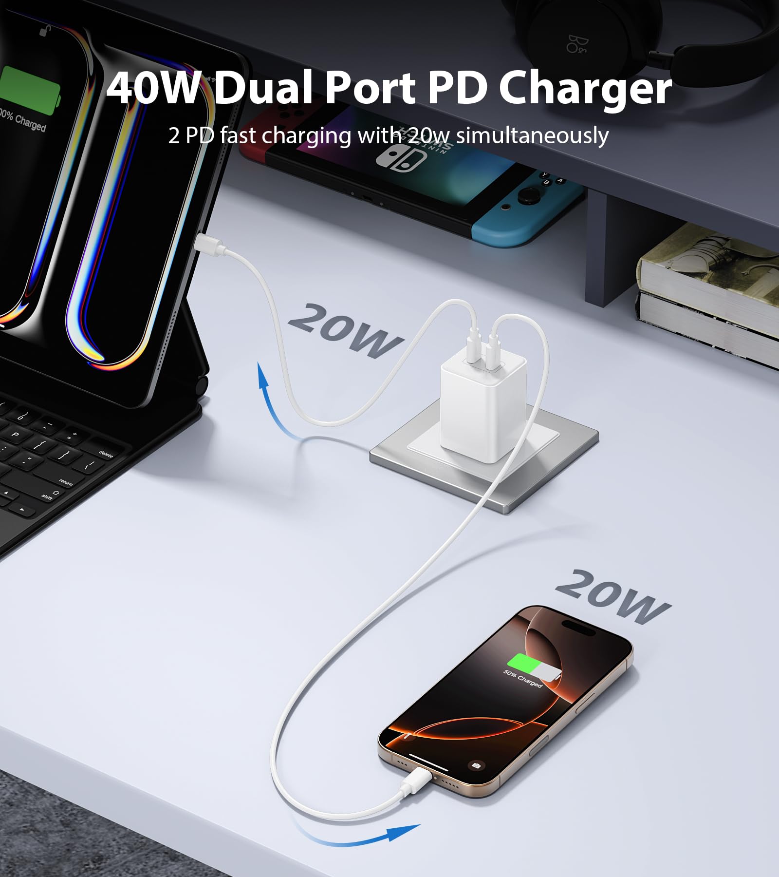2-Pack 40W USB C Fast Charger Block, Dual Port 20W PD 3.0 Wall Charger - Compact Power Adapter for iPhone 16/15/14/13/12/11 Pro Max, iPad, AirPods 4, Samsung Galaxy S25/S24, Watch - Perfect for Home, Office & Travel (White)