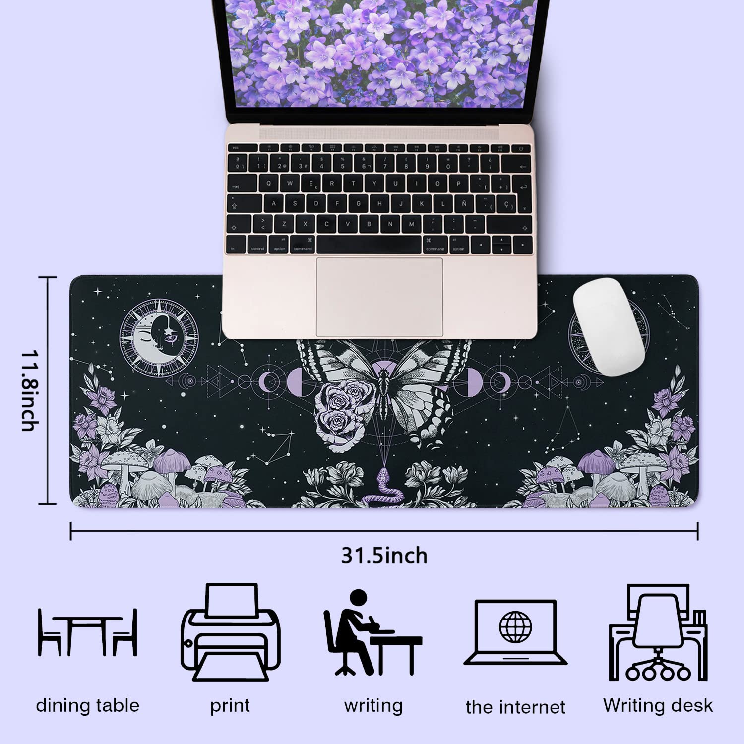 Gothic Butterfly & Mushroom Moon Phase Galaxy Gaming Mouse Pad - Extra Large 31.5