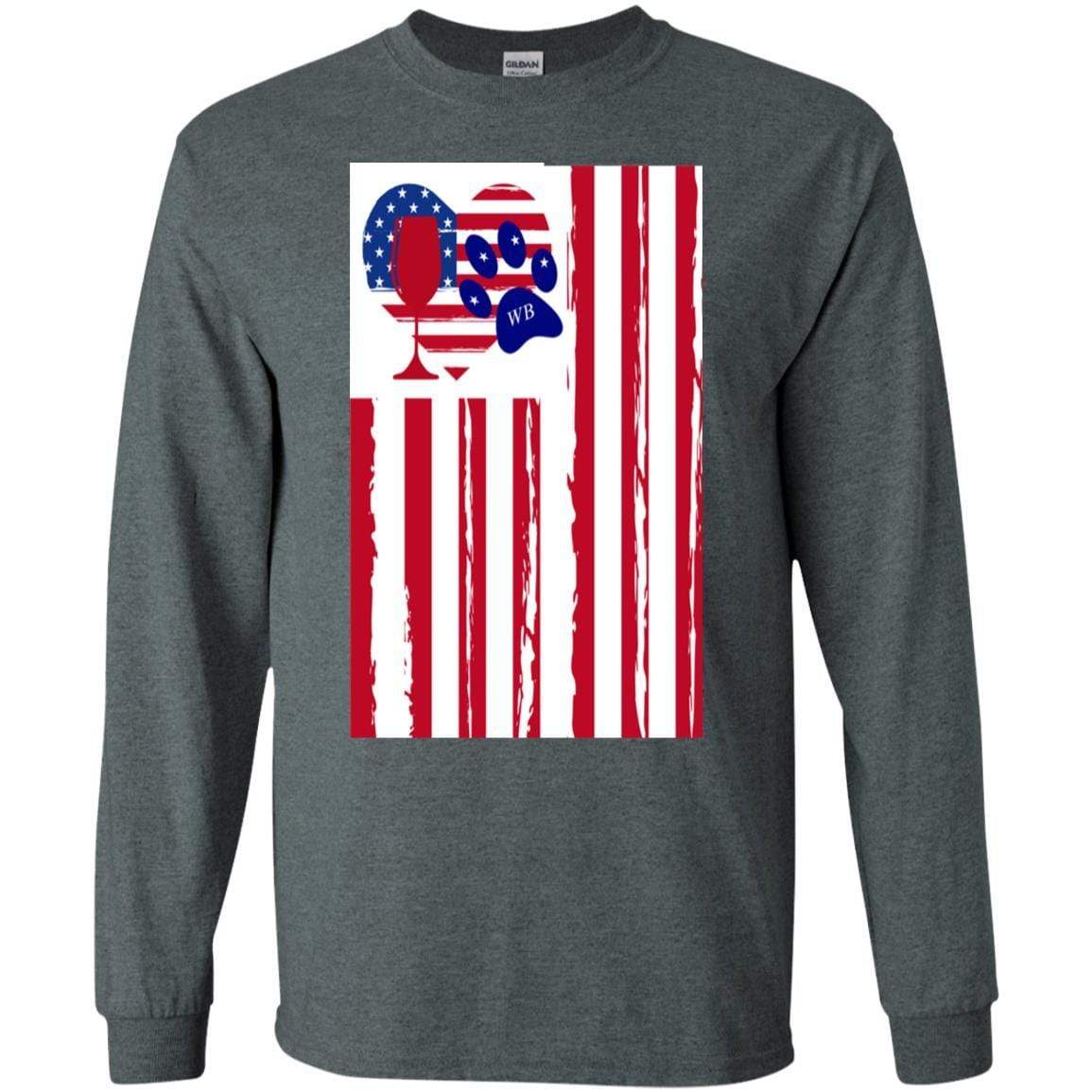 WineyBitches.Co Patriotic American Flag Wine Paw Heart Long Sleeve Ultra Soft Cotton T-Shirt for Women | Perfect for Wine Lovers, 4th of July & Pet-Themed Parties