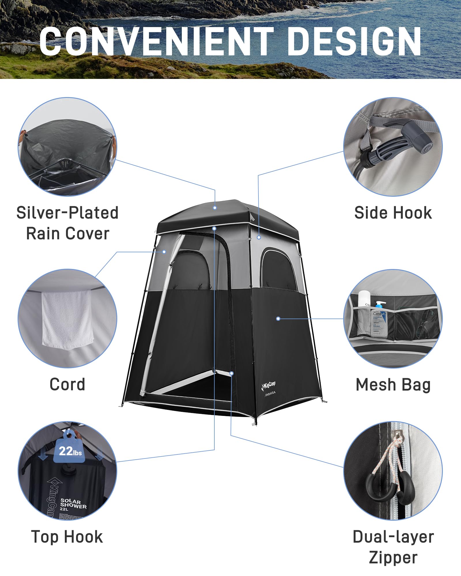 **KingCamp Oversized Camping Shower Tent - Portable Privacy Shelter for Outdoor Showers & Changing Room | Easy Setup, Includes Shower Bag | Ideal for Camping, Beach, RV Trips & Backpacking (1 Room/2 Room Options)**