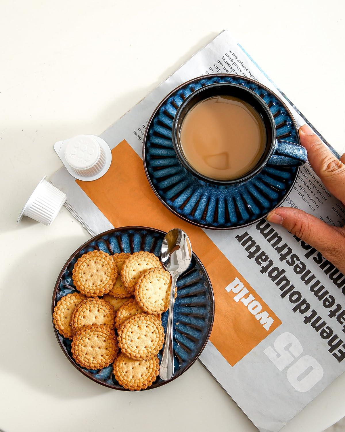 Hasense 4 Oz Ceramic Espresso Cups with Saucers Set of 4 - Ribbed Cappuccino Cups for Coffee, Latte, Macchiato & Double Shot - Aesthetic Demitasse Cup Gift Set (Blue) - Perfect for Home Cafes, Coffee Shops & Gifts