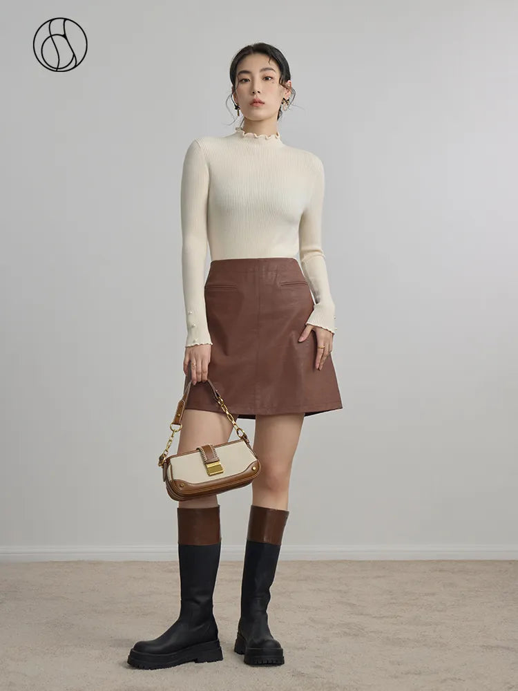 DUSHU High Waist A-Line PU Mini Skirt for Women - Brown Knee-Length Zipper Waist Skirt | 2024 Fall Fashion, Office Commute & Night Out Outfits