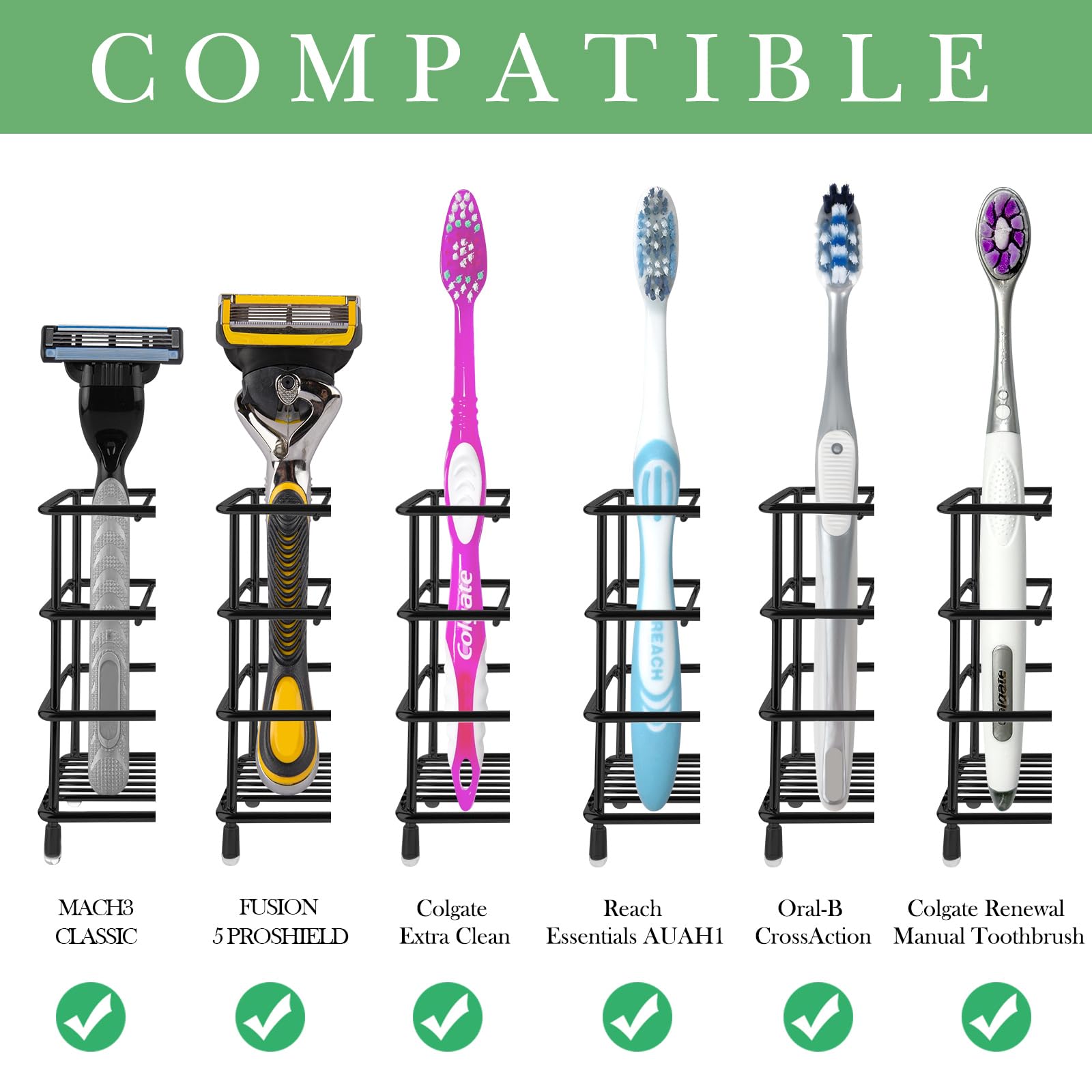 Stainless Steel Wall Mount Toothbrush Holder - 3 Slot Shower Organizer for Colgate Extra Clean & Oral-B CrossAction - Bathroom Countertop or Wall Mount Storage (Black) - Perfect for Small Spaces & Travel