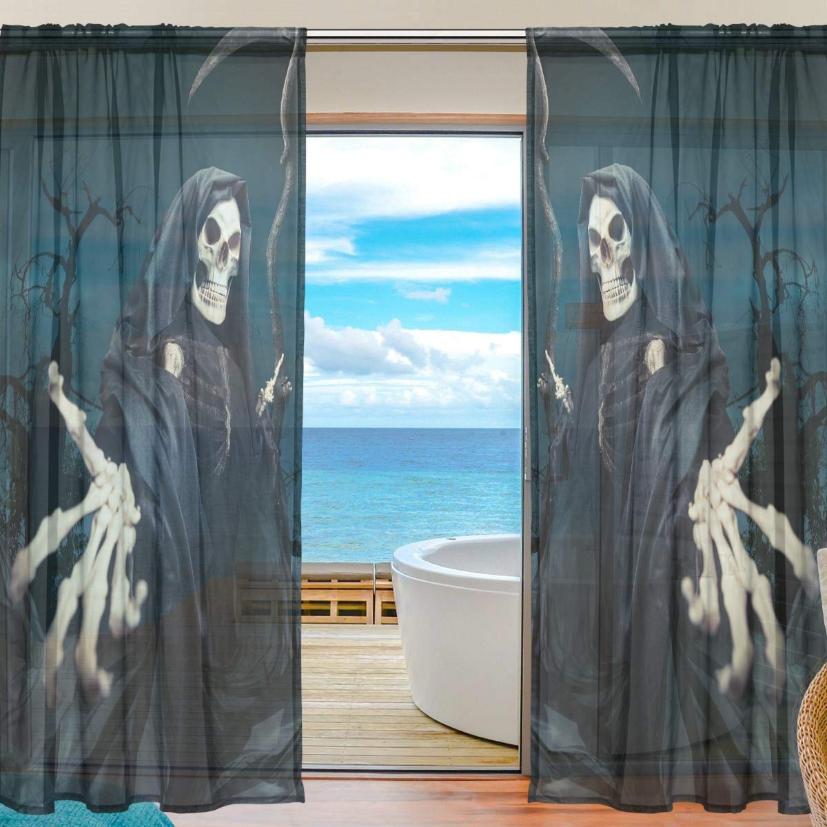 Halloween Grim Reaper Sheer Voile Window Curtains - 55x78 Inch Black Scary Ghost Drapes for Living Room, Bedroom, Kitchen & Party Decor (Set of 2 Panels) - Perfect for Spooky Home Decor, Haunted House Themes & Halloween Festival Events