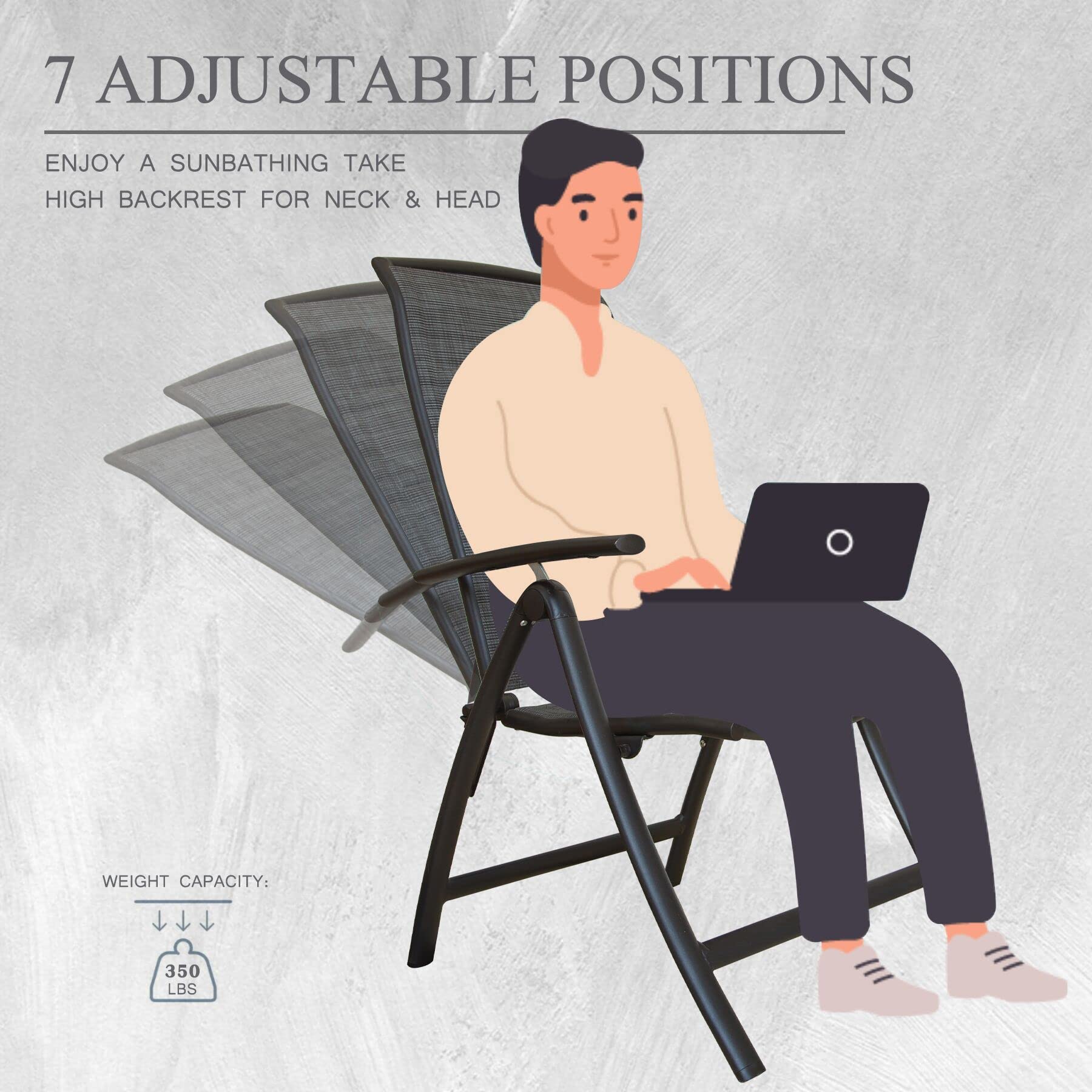 Domi 2-Pack Folding Patio Chairs - Adjustable Reclining Aluminum Frame Lawn Chairs with High Backrest, Double-Layered Textilene Fabric for Outdoor, Porch, Balcony, Garden - Perfect for Relaxing, Sunbathing, and Outdoor Dining