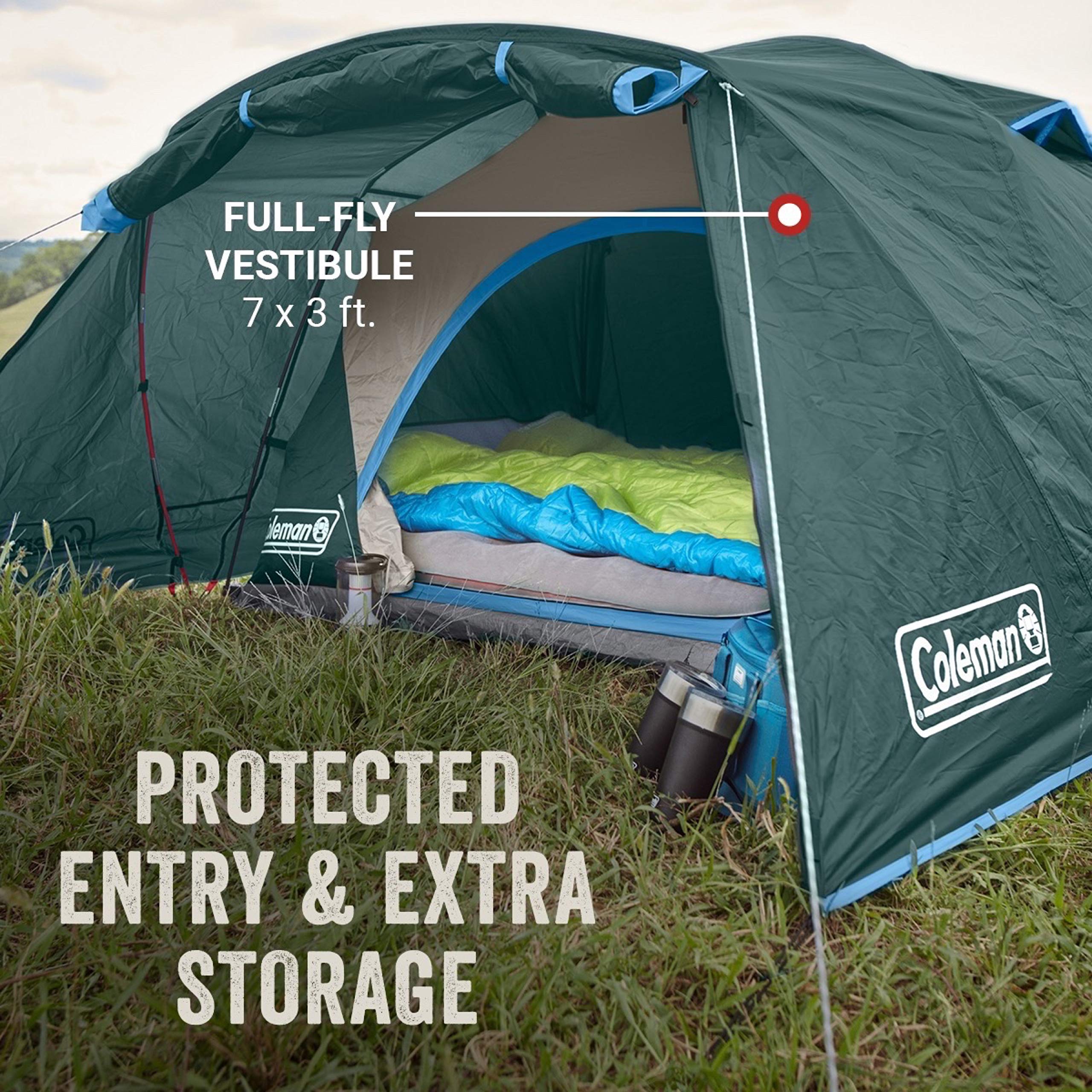 Coleman Skydome Camping Tent with Full-Fly Vestibule - Lightweight 4-Person Tent for Outdoor Adventures, Hiking, and Family Camping Trips | Evergreen Color