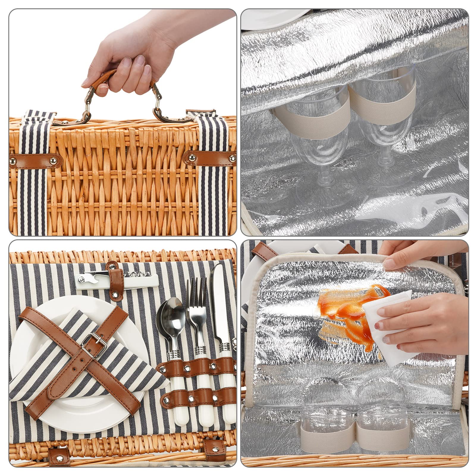 Handmade Willow Picnic Basket Set for 2 Persons - Insulated Cooler, Cutlery Kit & Blanket Included | Romantic Outdoor Gift for Couples, Valentine's Day, Birthday, Wedding | Perfect for Beach Picnics, Park Dates & Garden Parties