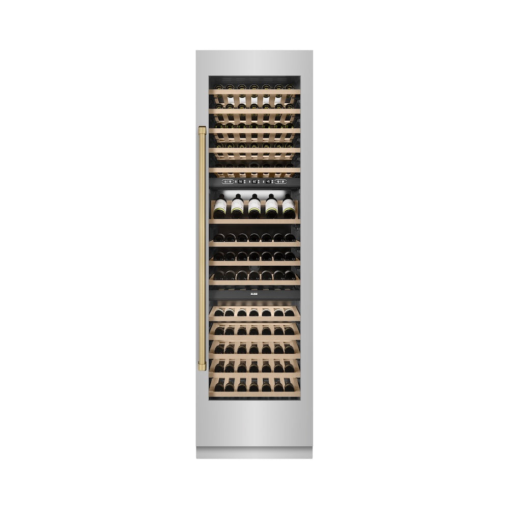 ZLINE Autograph Edition 24-Inch 12.4 cu ft Triple Zone 100 Bottle Stainless Steel Wine Cooler with Champagne Bronze Accents - Perfect for Home Bars, Wine Cellars, and Entertaining Spaces (RCWVZ 304 24 CB)
