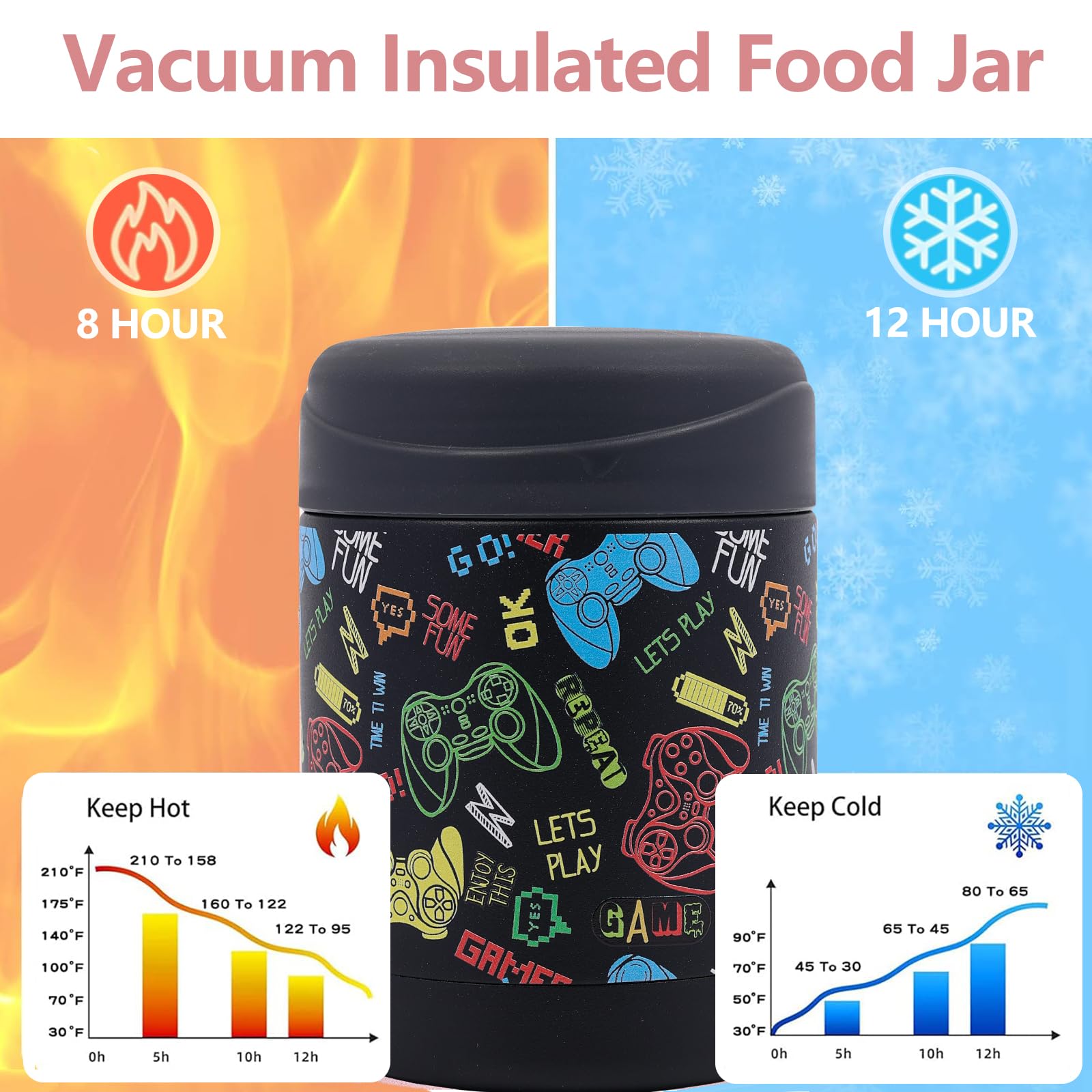 12oz Vacuum Insulated Stainless Steel Food Thermos - Leak-Proof Hot & Cold Lunch Container for Kids - Perfect for School, Picnics & Outdoor Activities (Black-Game Pattern)