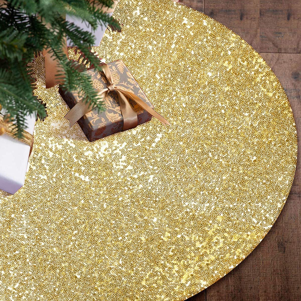 48 Inch Gold Sequin Christmas Tree Skirt for 7.5 Ft Pencil Slim Artificial Trees - Sparkling Easter & Holiday Decor for Living Room, Party, and Festive Celebrations