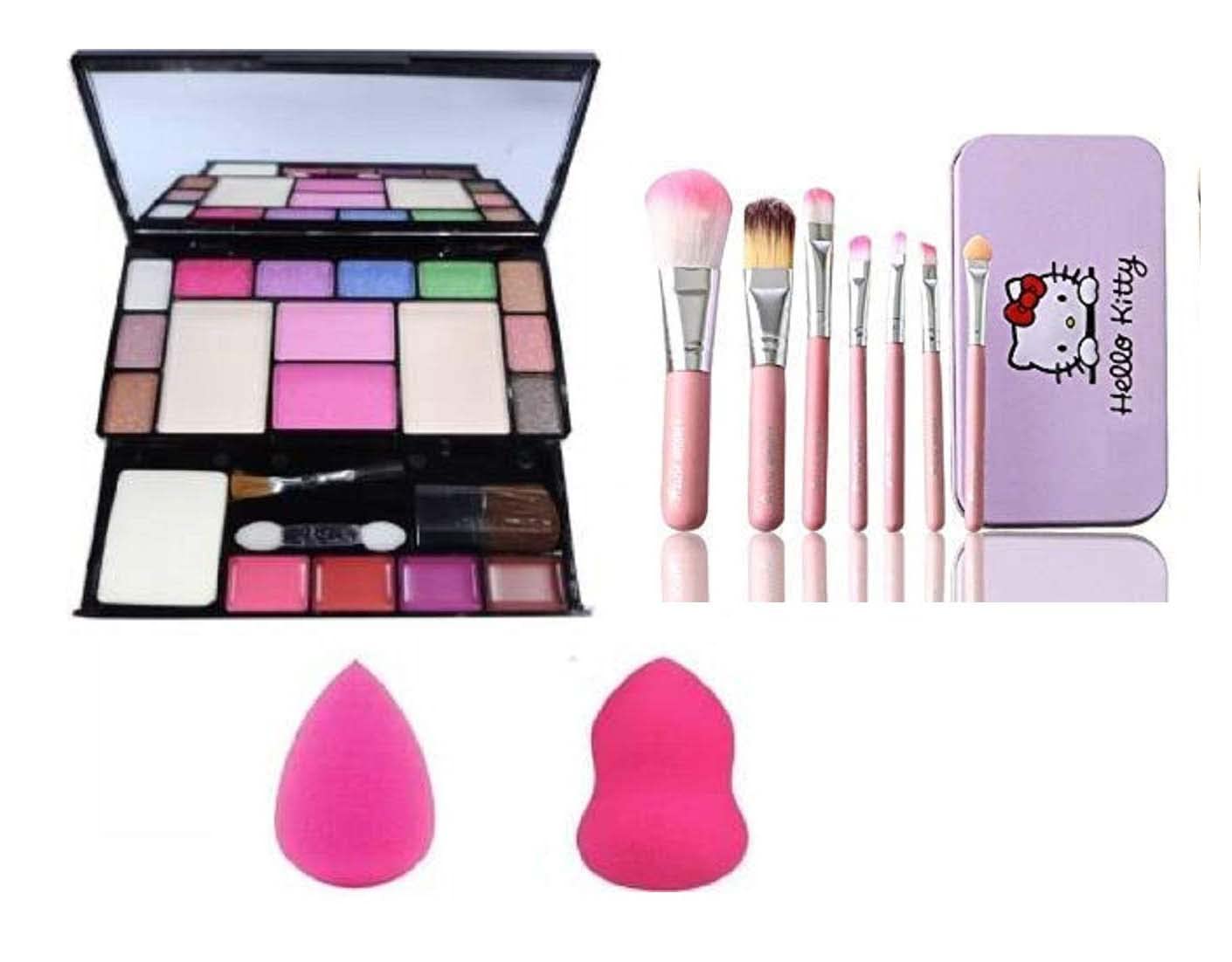 JEKANAZO'S Professional Makeup Combo Set - 6155 Tya Makeup Kit with 7-Piece Pink Hello Kitty Brush Set & 2 Beauty Blenders | Complete 10-Piece Makeup Collection for Beginners & Professionals | Perfect for Daily Use, Travel, and Gift Giving