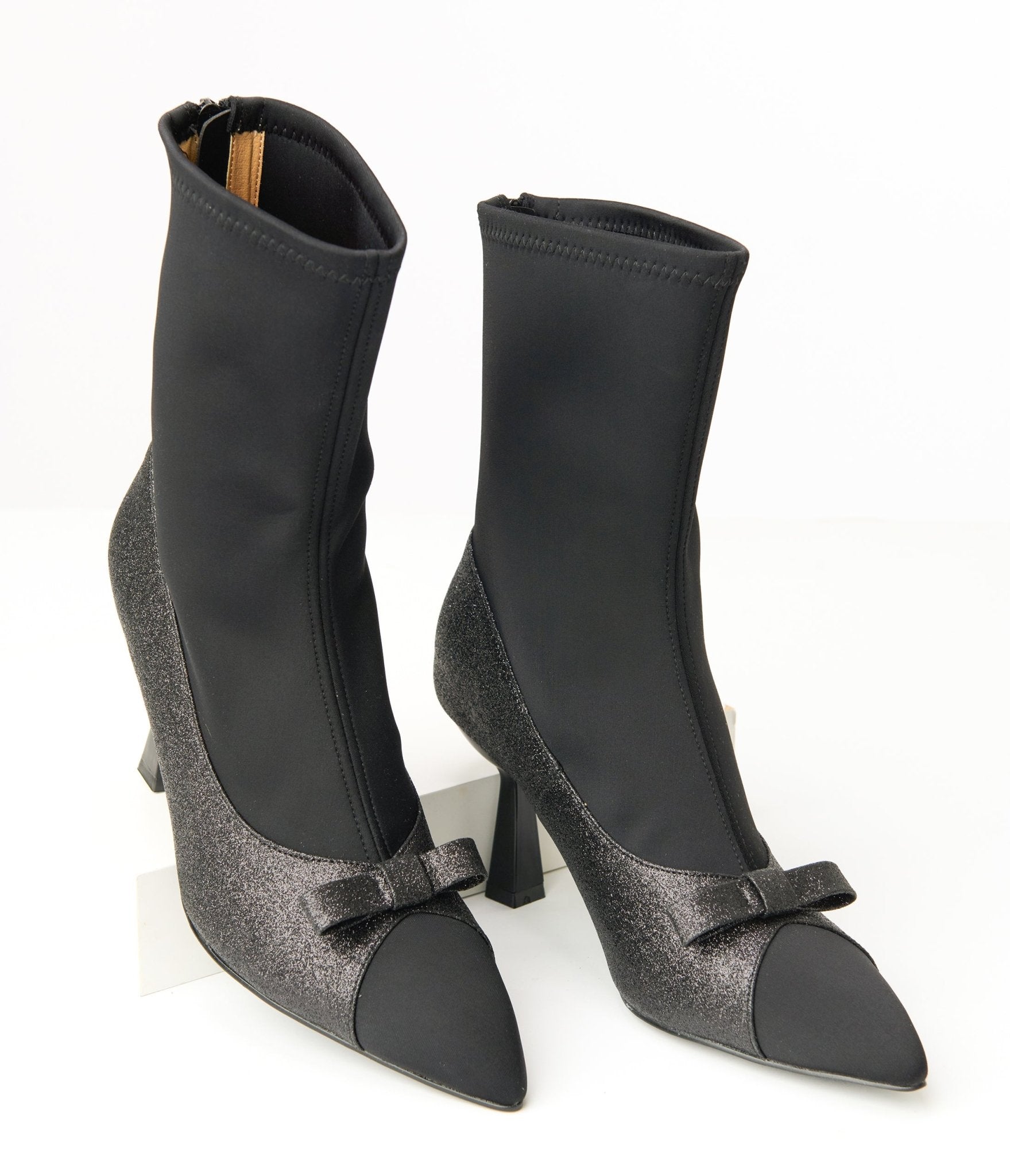 Vintage 1950s Black Glitter Bow Boots - Retro Party Shoes for Women, Holiday Outfits & Special Occasions
