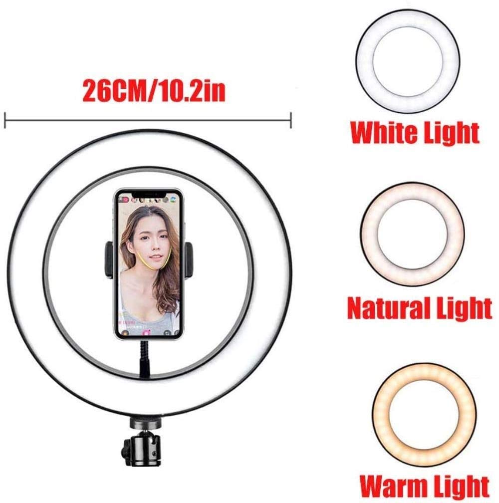 HMTE 10-Inch LED Ring Light with Phone Holder & Tripod Stand - Adjustable Brightness for Selfie, Beauty Makeup, YouTube Live Streaming, and Video Conferencing