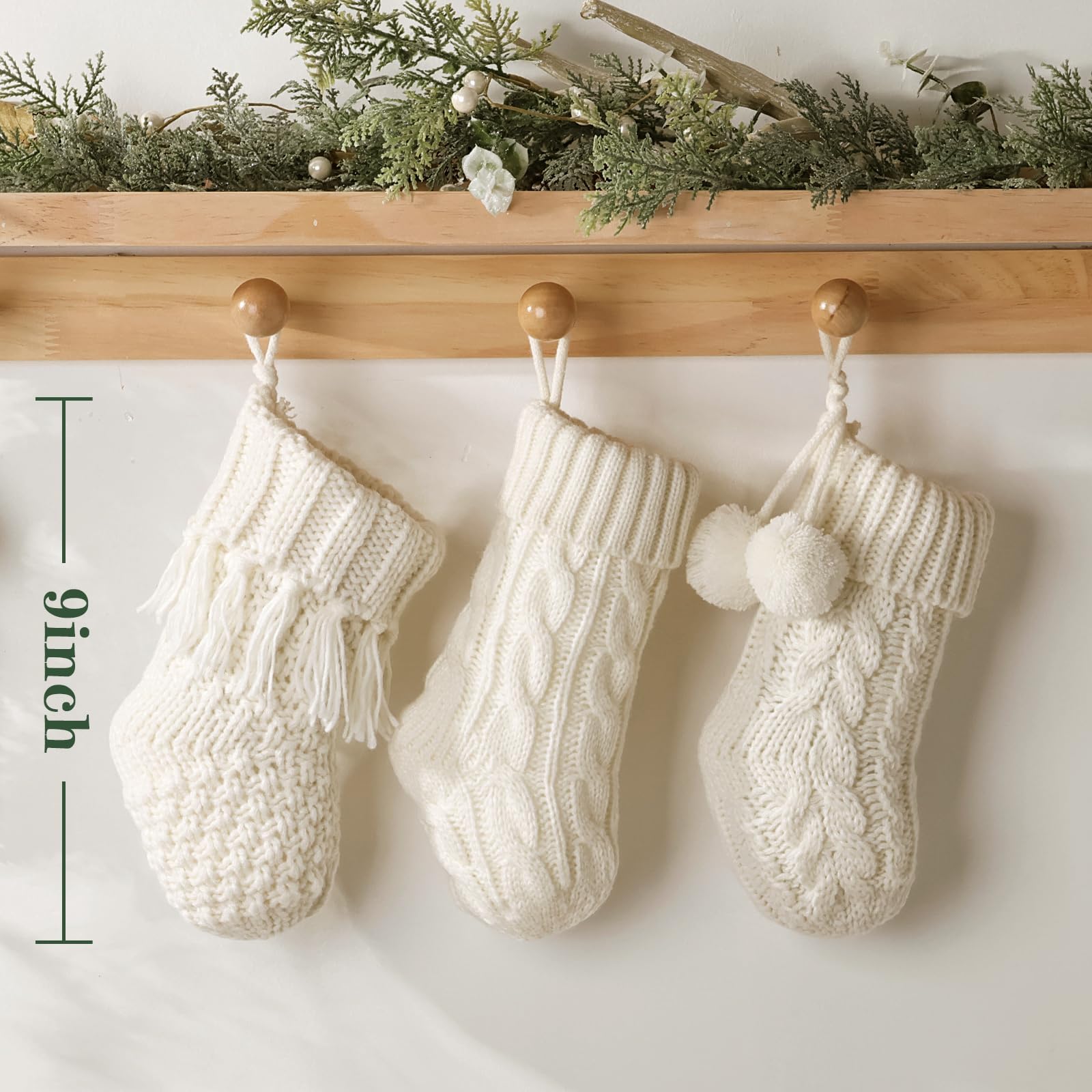6 Pack Mini Knitted Christmas Stockings - 9 Inch Beige Cable Knit Fireplace Stockings for Holiday Decor | Rustic Boho Style Handmade Xmas Stocking Decorations | Perfect for Family Christmas, Fireplace Mantel & Cozy Home Décor (Cream White)