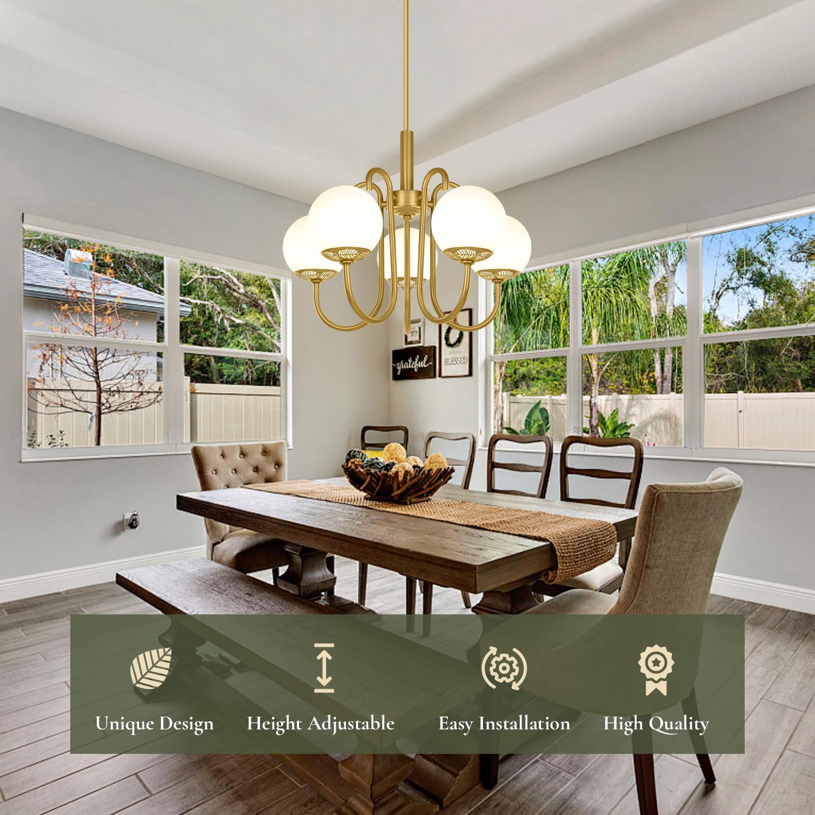 BesLowe Gold Chandelier - 5-Light Mid Century Modern Brass Chandelier for Dining Room, Kitchen Island & Living Room | Adjustable Height Globe Ceiling Light Fixture | Perfect for Entryway, Foyer & Home Decor
